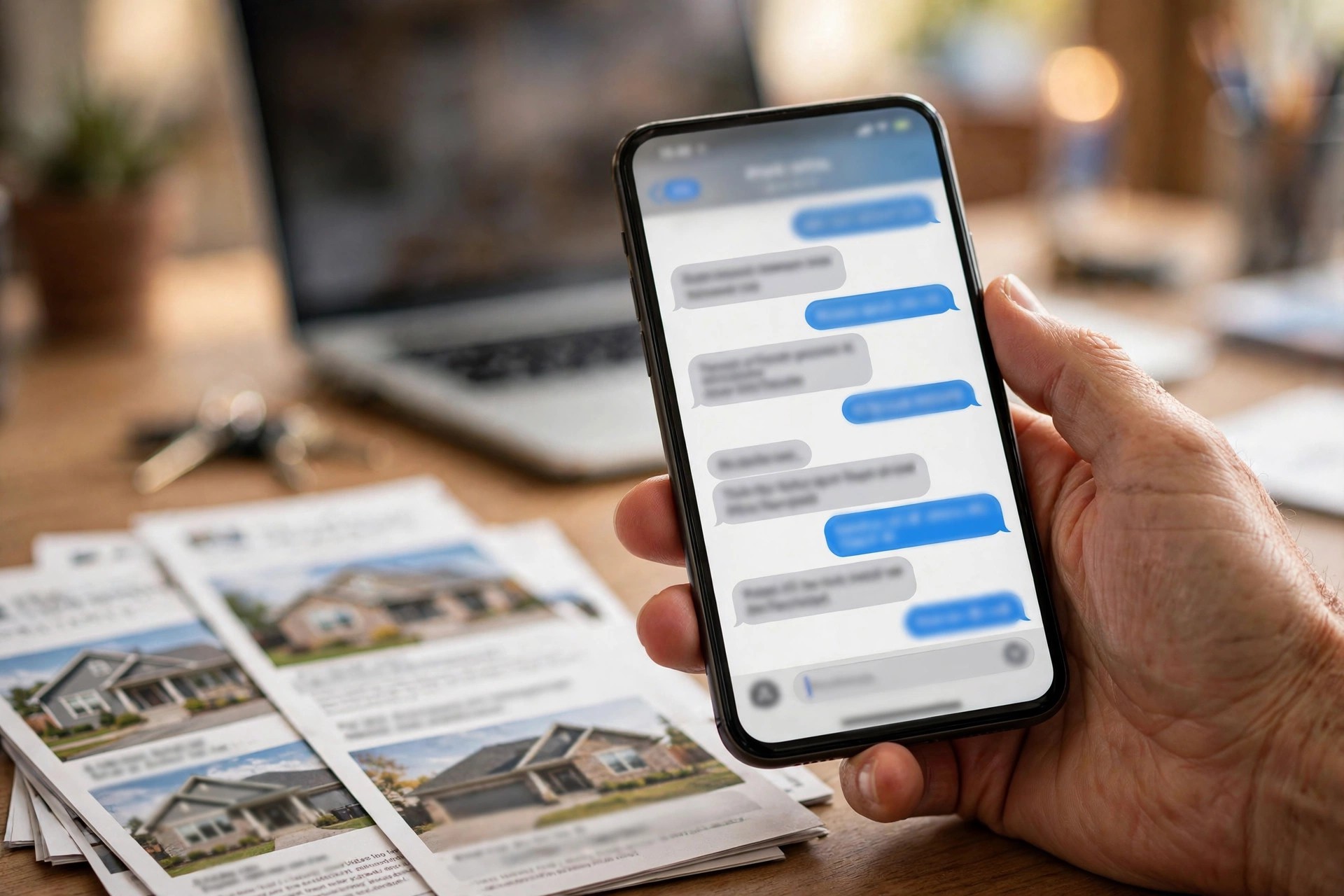 WhatsApp Chatbots for Real Estate Agents: Showings, Follow-Up, and Referrals Hand holding a smartphone with chat messages beside real estate listing flyers on a desk
