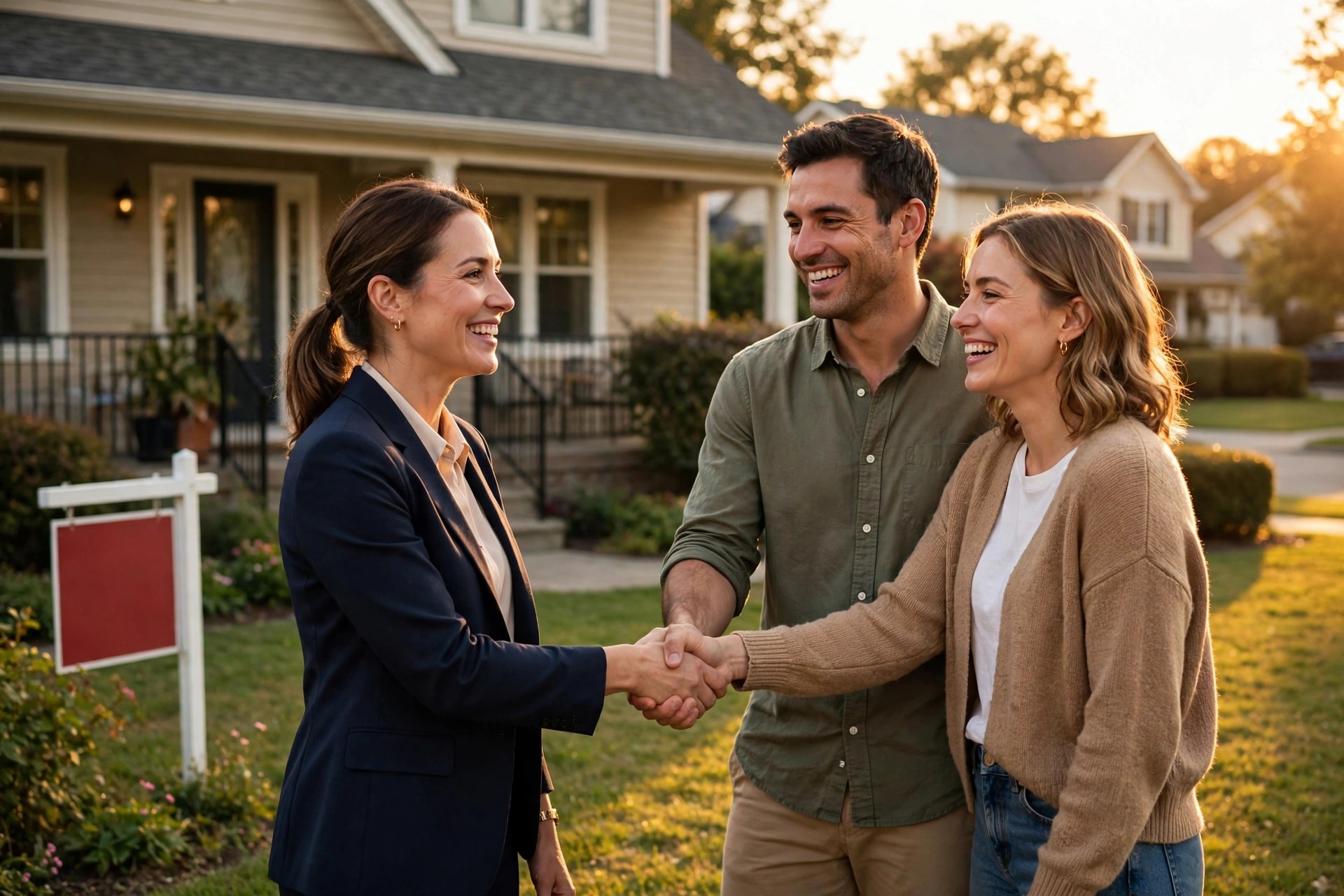 WhatsApp Chatbots for Real Estate Agents: Showings, Follow-Up, and Referrals Real estate agent shaking hands with happy clients in front of a house with a sold sign