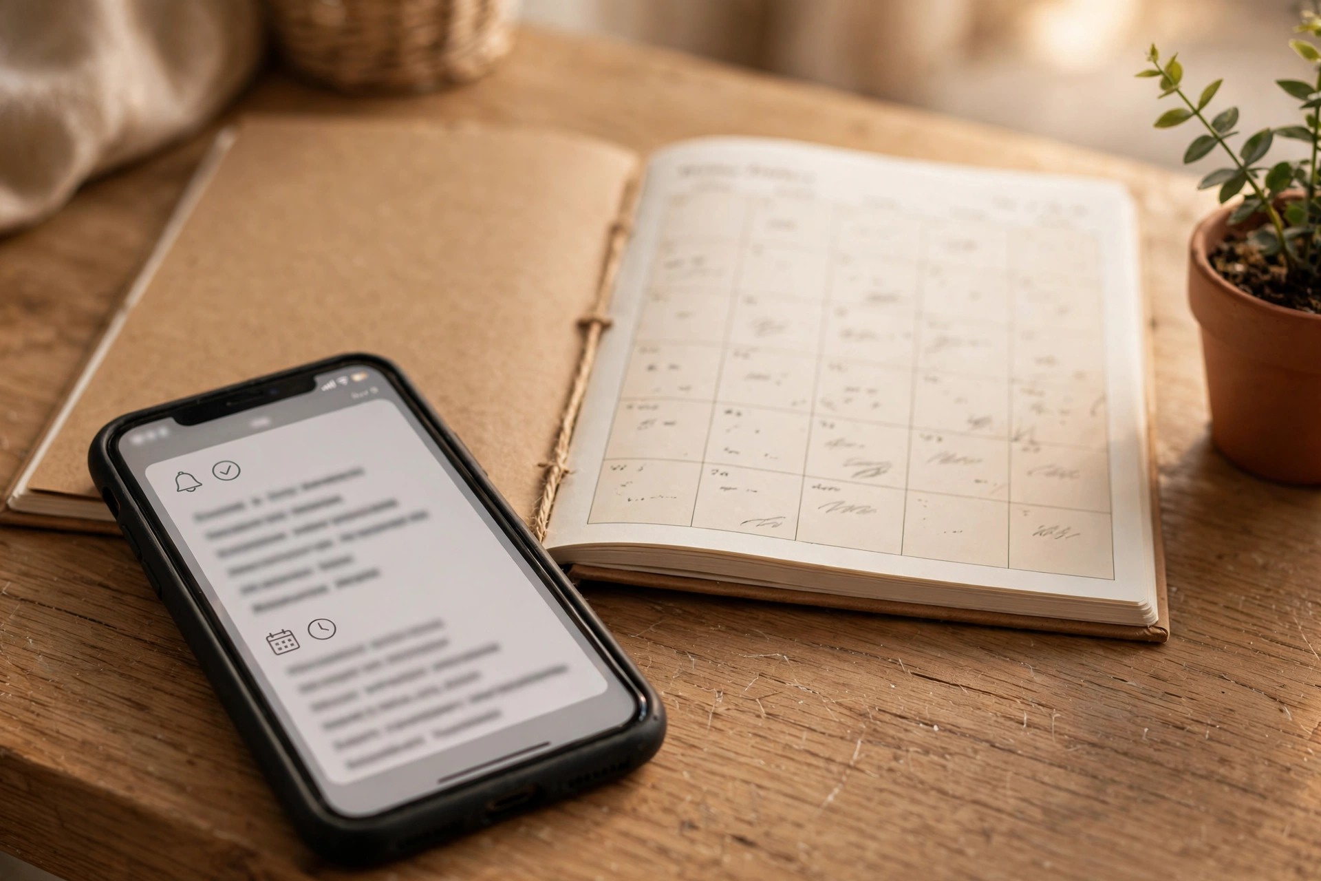 Smartphone with appointment reminders resting on a salon reception counter beside a booking calendar