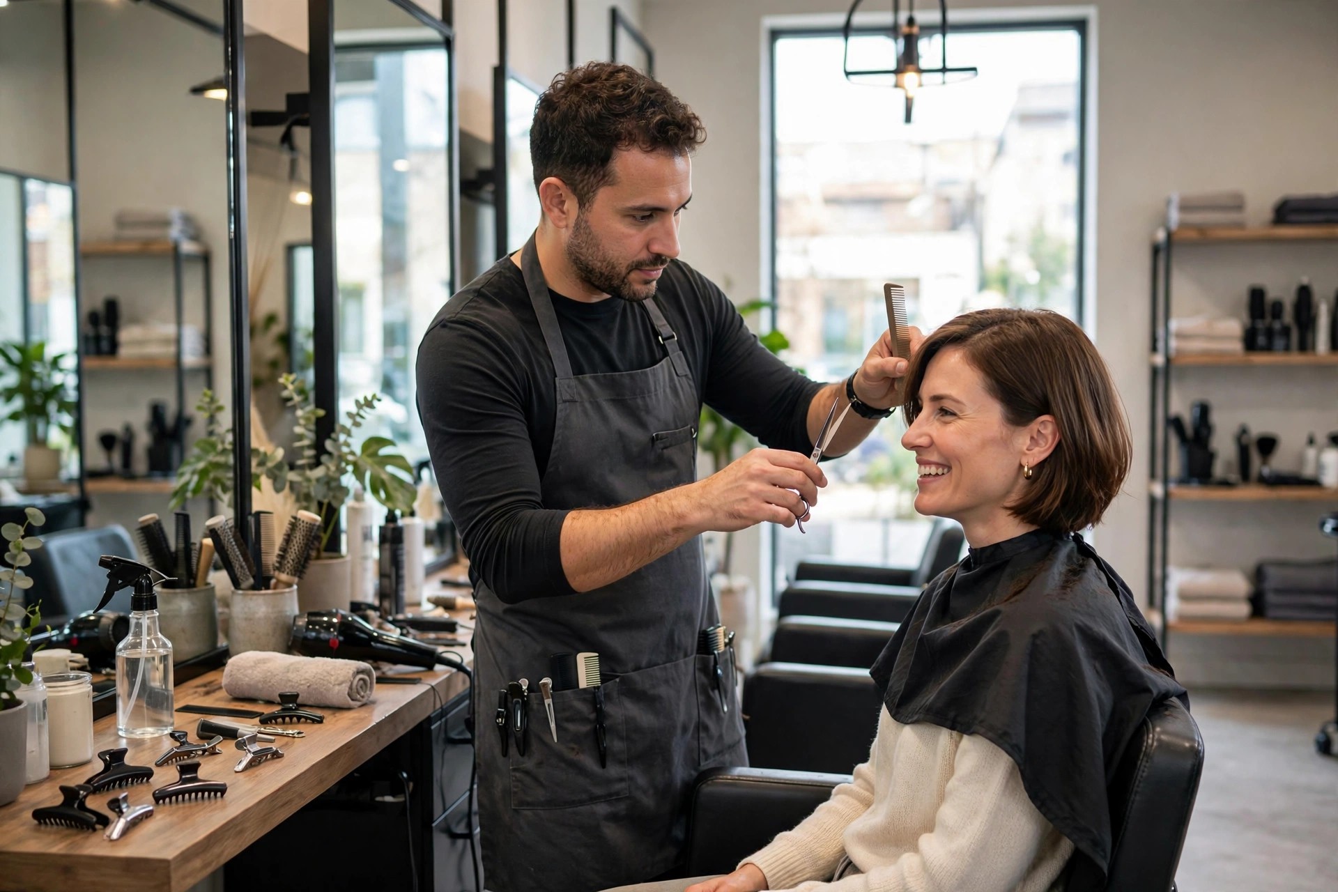 Stylist finishing a haircut for a seated client in a stylish salon