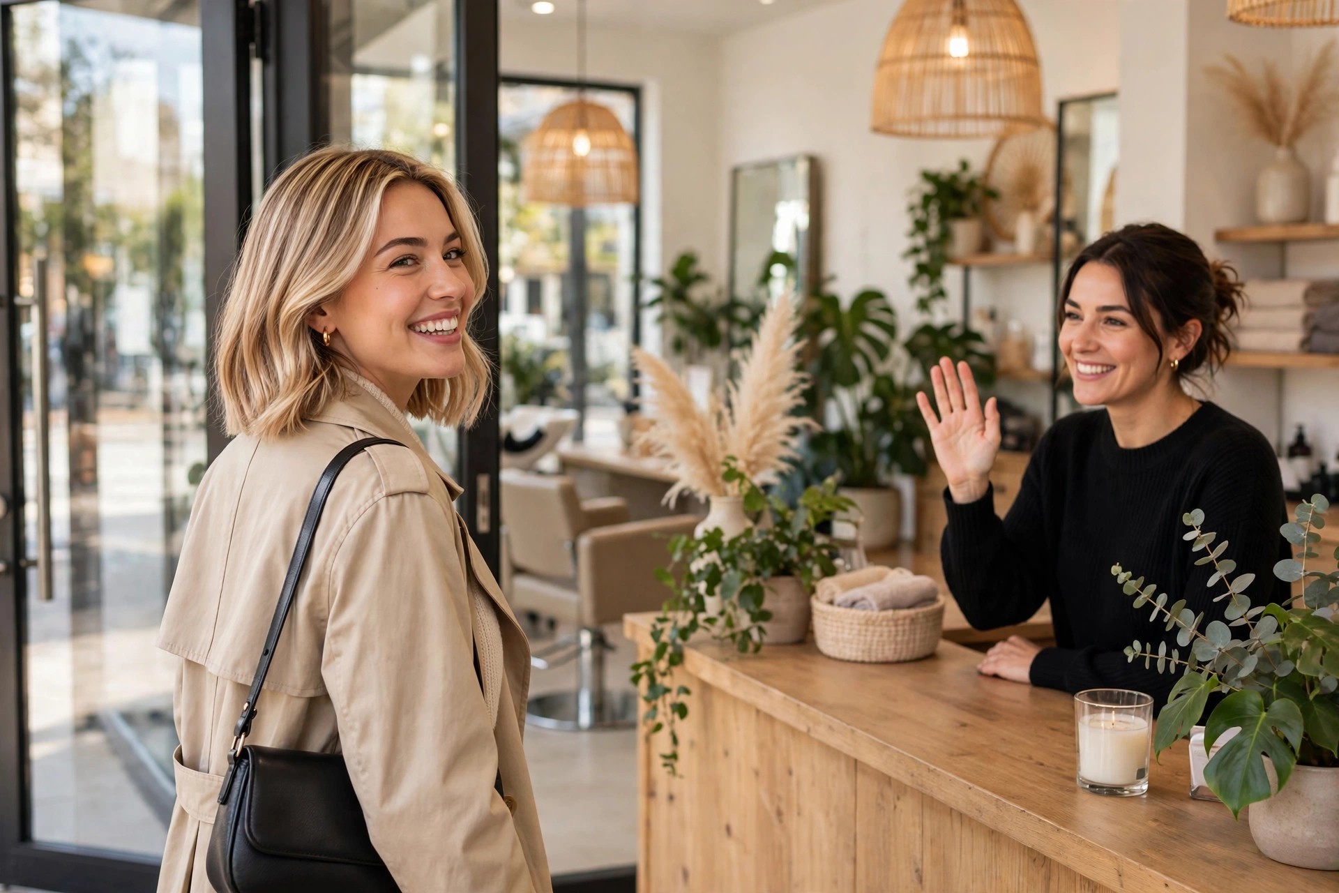 Happy client leaving a salon reception desk after her appointment