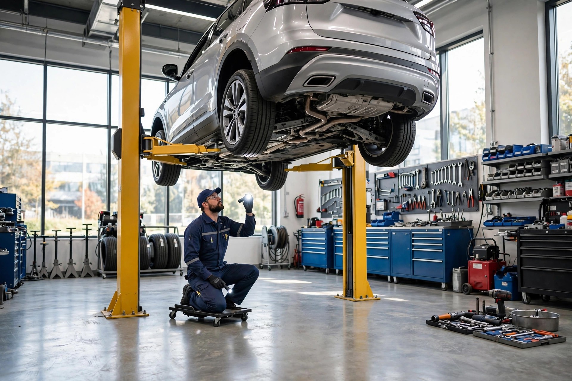 Car raised on a service lift in a bright auto repair shop while a technician inspects the underside