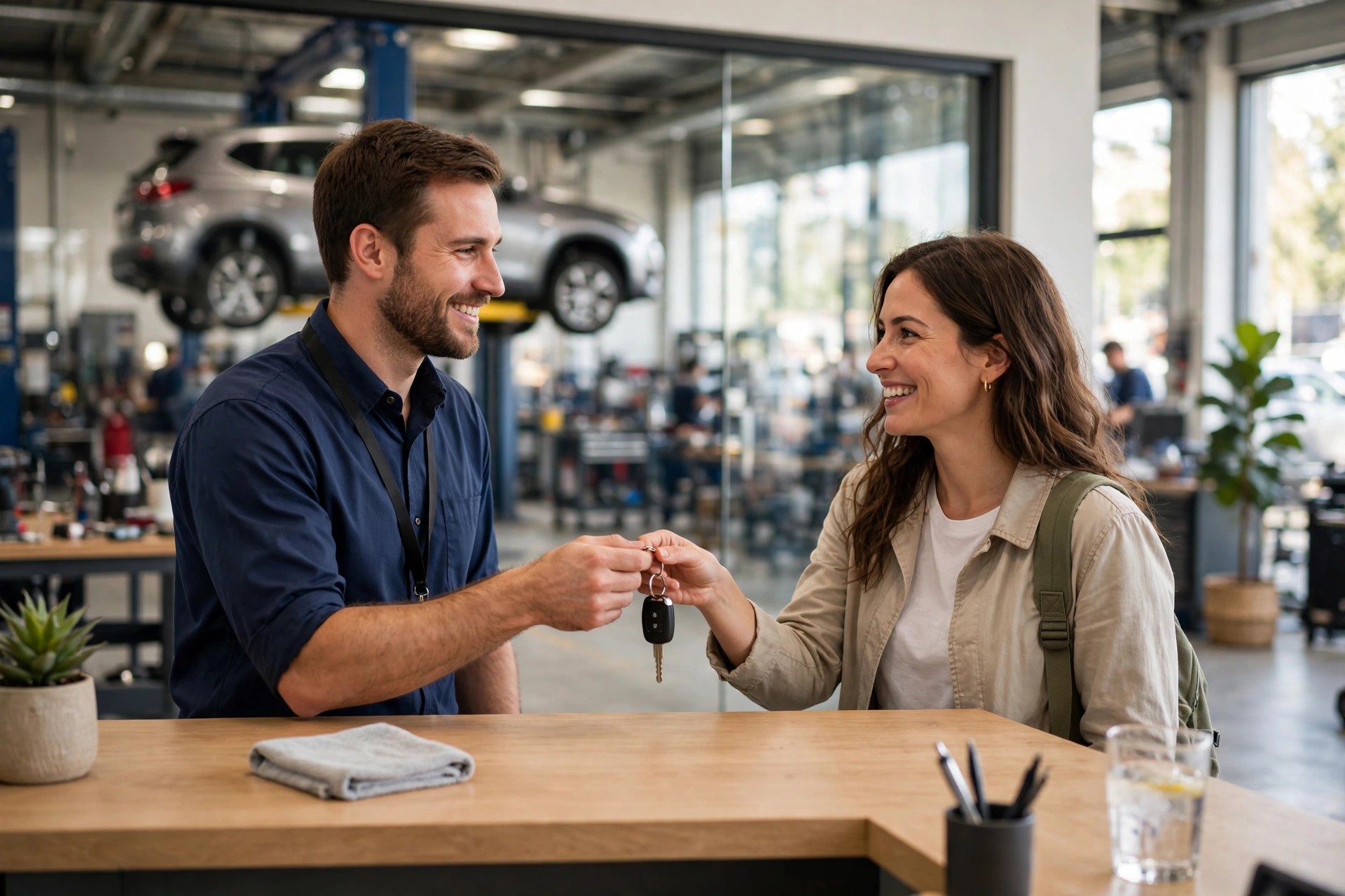 Service advisor handing car keys to a smiling customer at an auto repair shop front counter