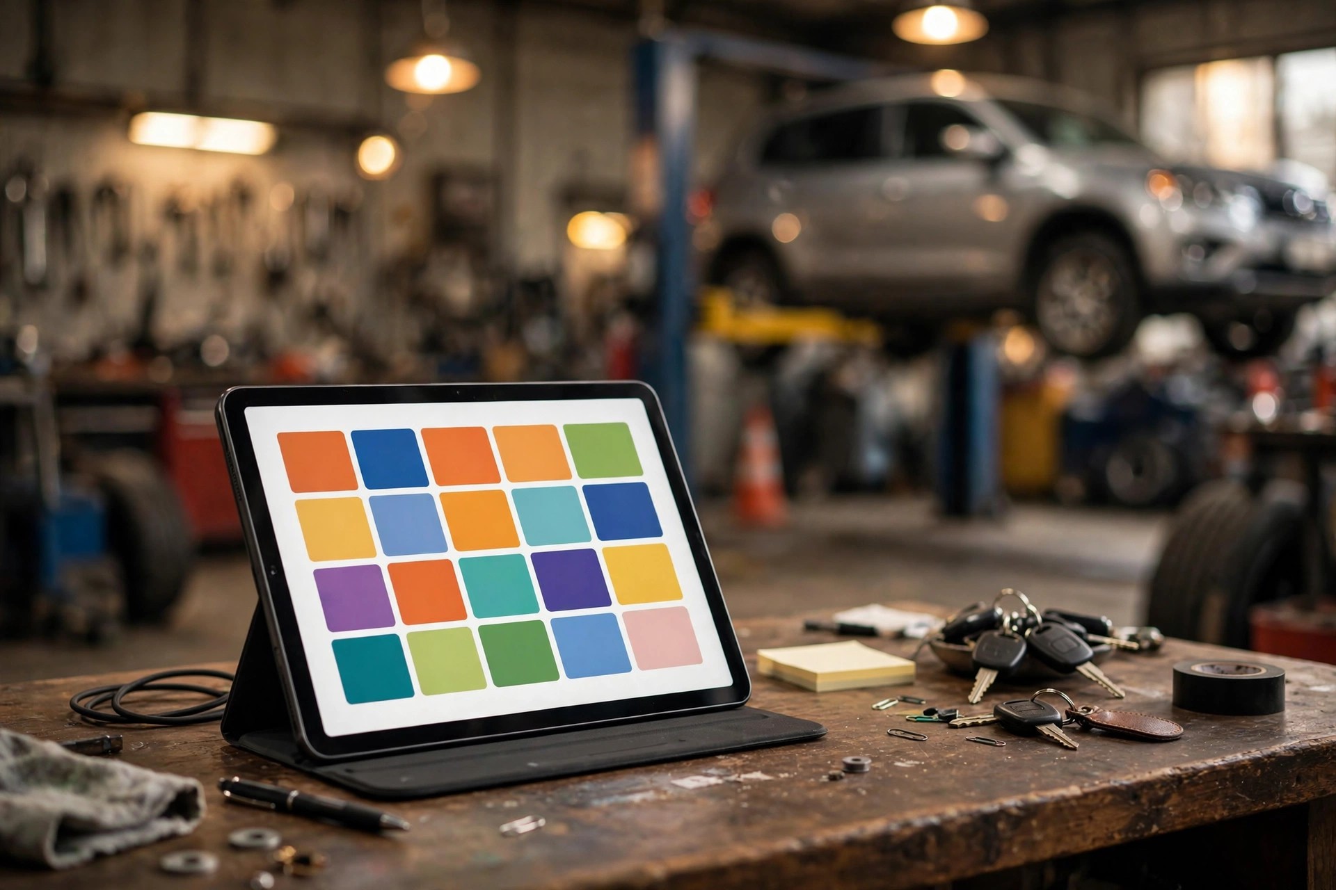 Tablet showing an appointment calendar on the front desk of an auto repair shop