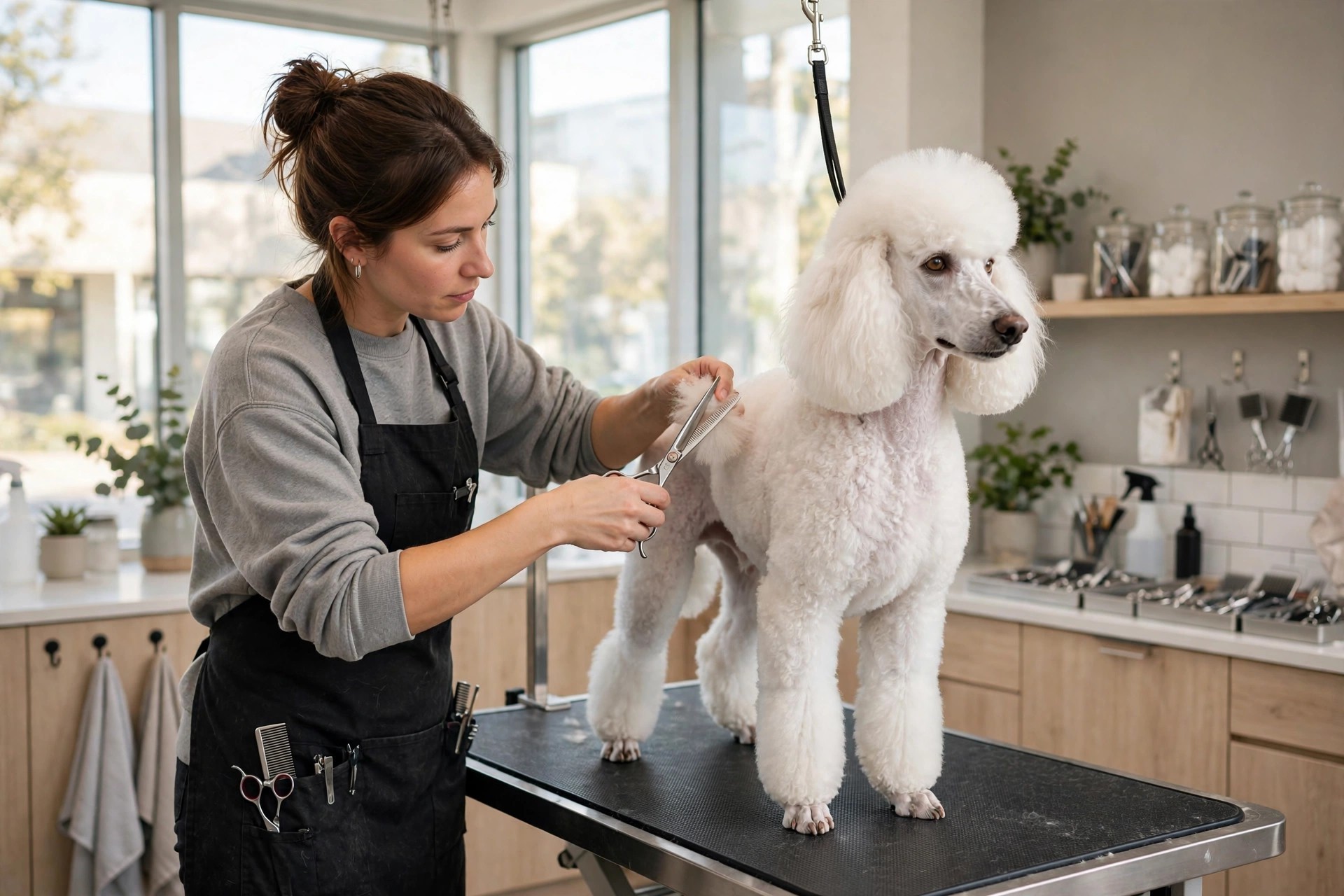 Online Booking Systems for Pet Groomers: Keep Every Table Full Groomer carefully trimming a poodle on a grooming table in a bright modern pet salon