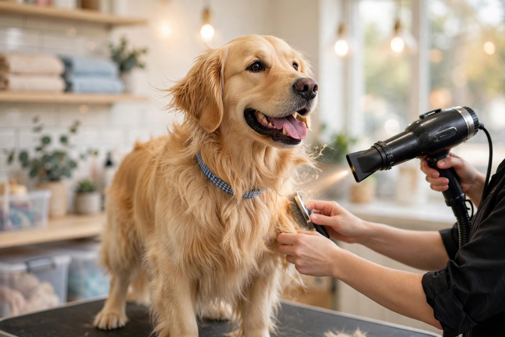 Online Booking Systems for Pet Groomers: Keep Every Table Full Happy golden retriever being blow dried at a grooming station in a pet salon
