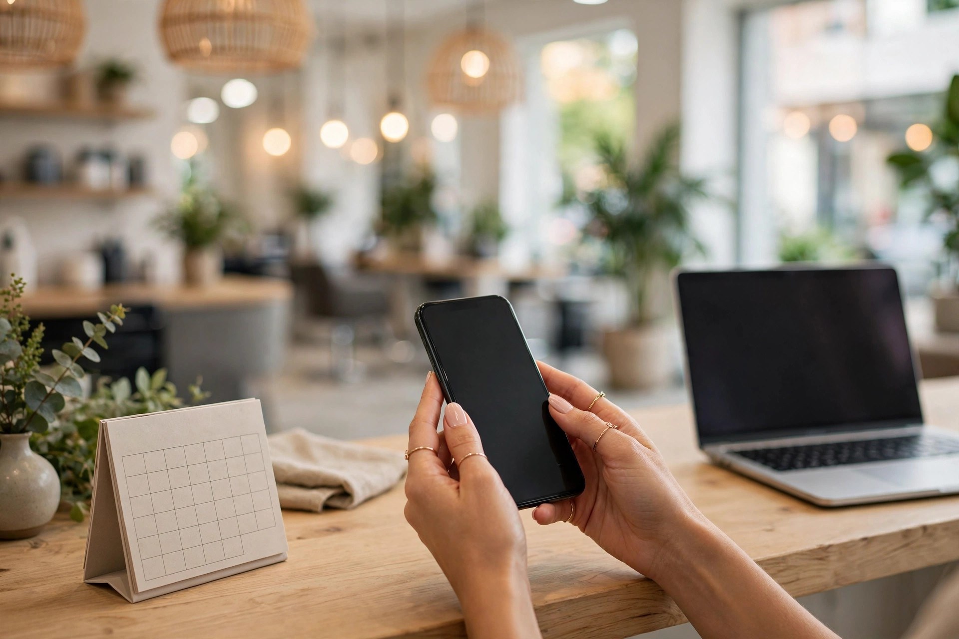Client booking a salon appointment on a smartphone at the reception counter