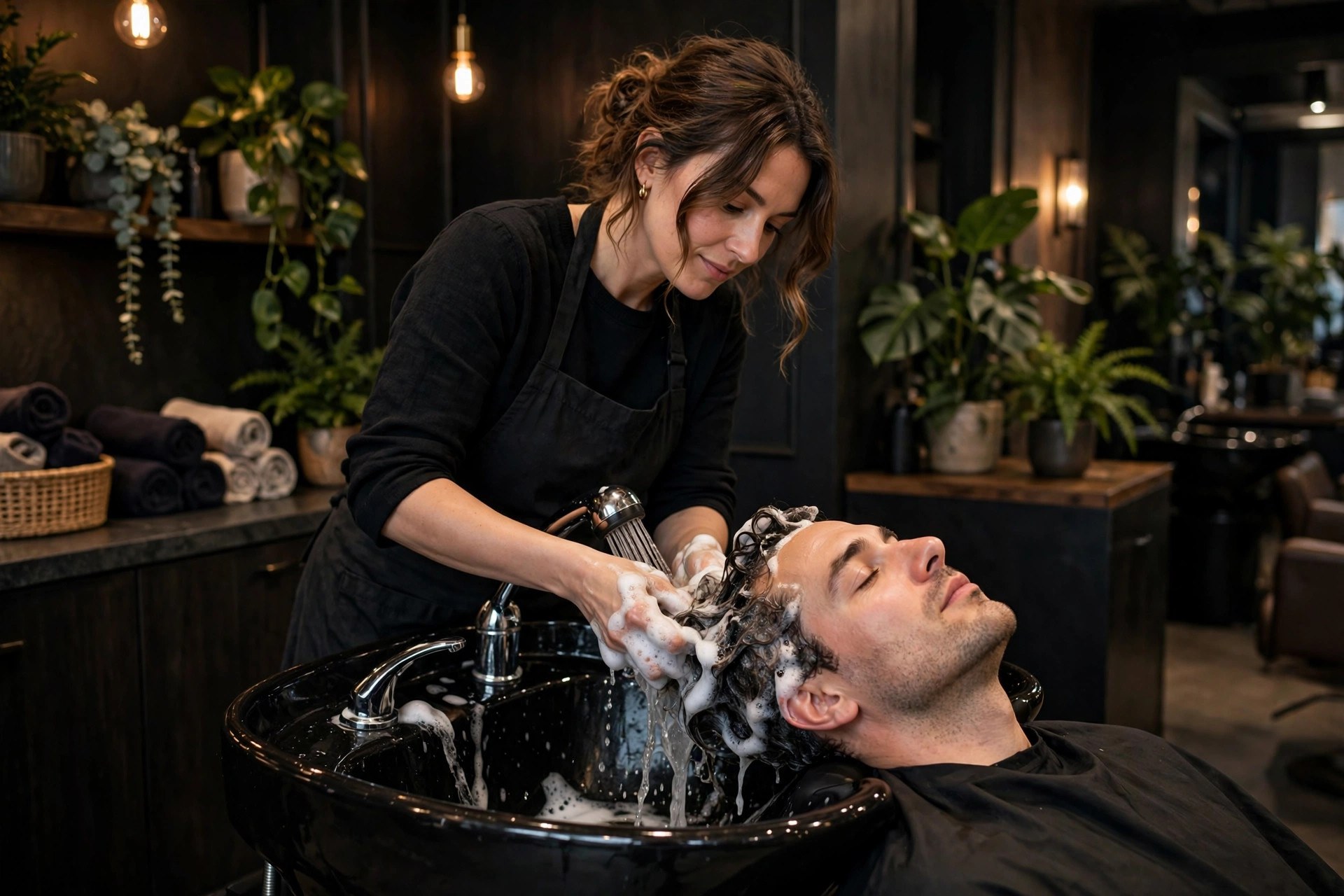 Hairstylist washing a client's hair at a backwash station in a modern salon