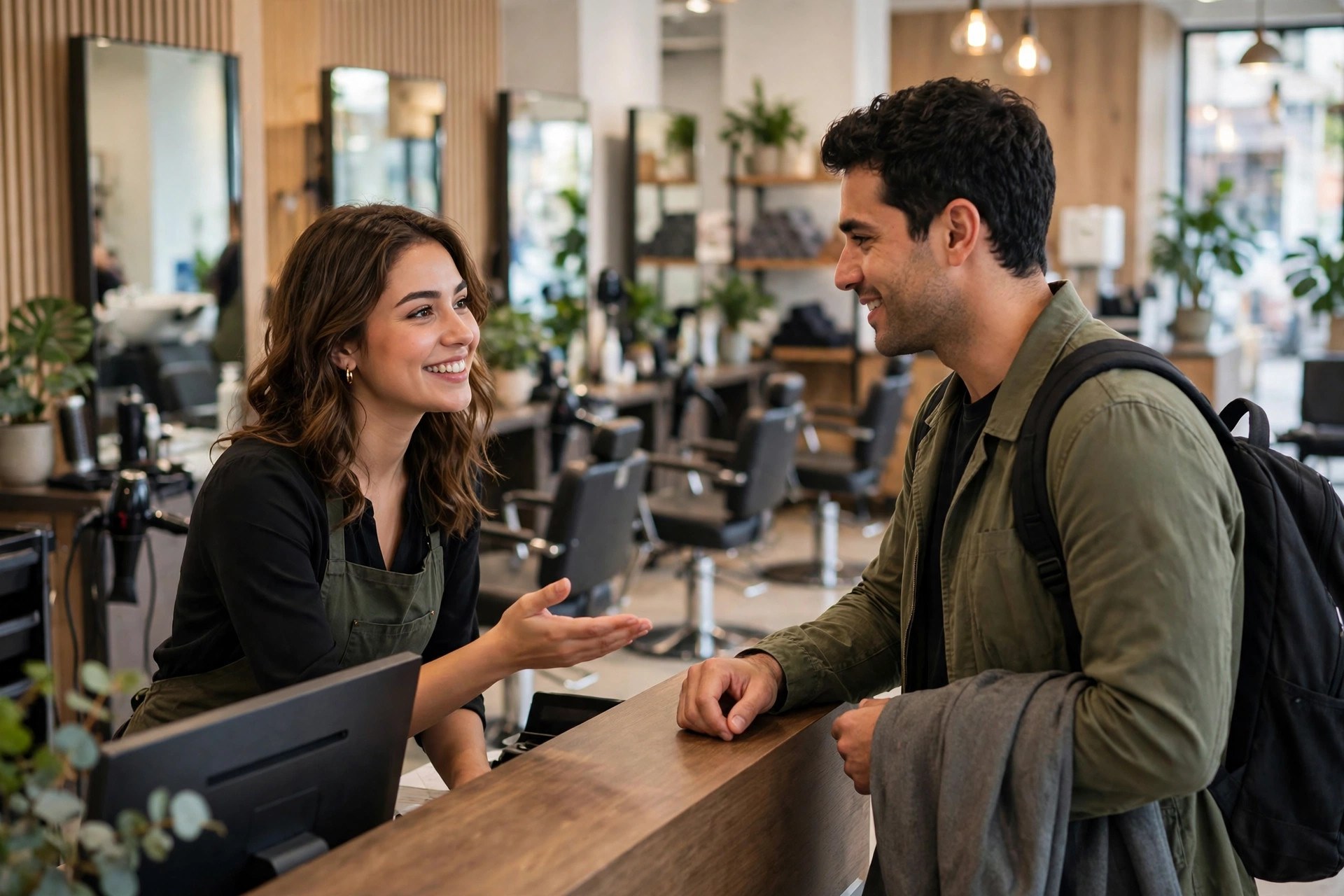 Friendly salon receptionist greeting a client at the front desk