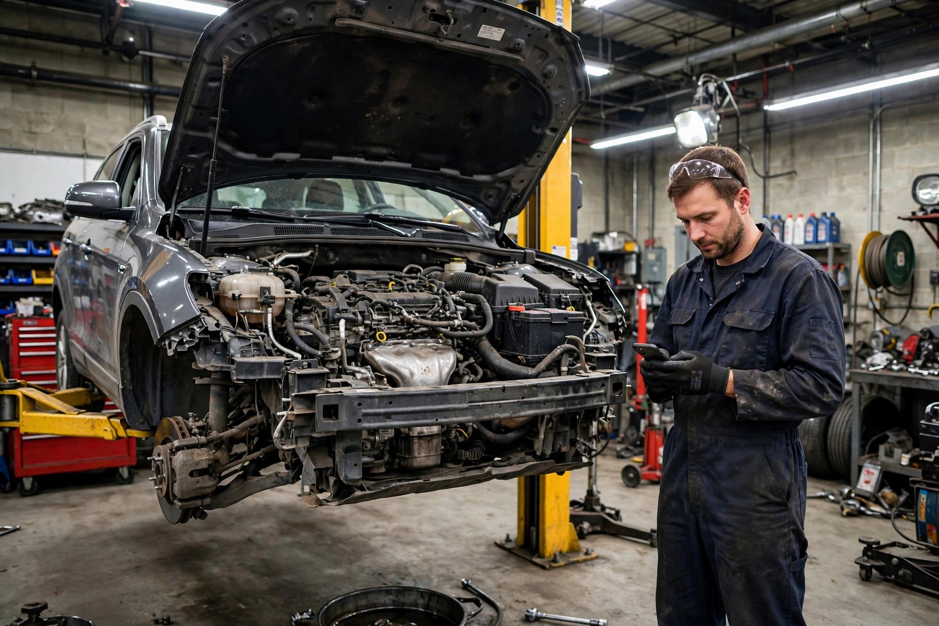SMS Marketing for Auto Repair Shops Auto mechanic in work gloves checking a smartphone next to a car on a lift