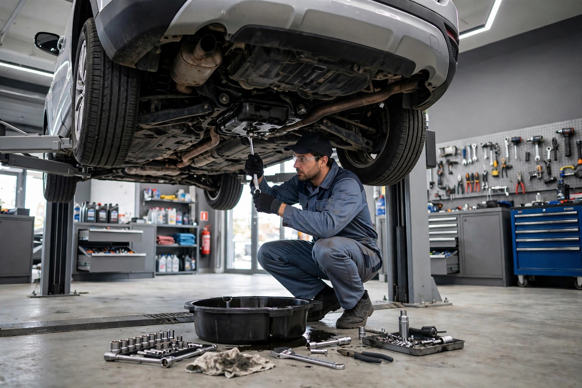 SMS Marketing for Auto Repair Shops Mechanic performing maintenance on a car raised on a lift in a repair shop