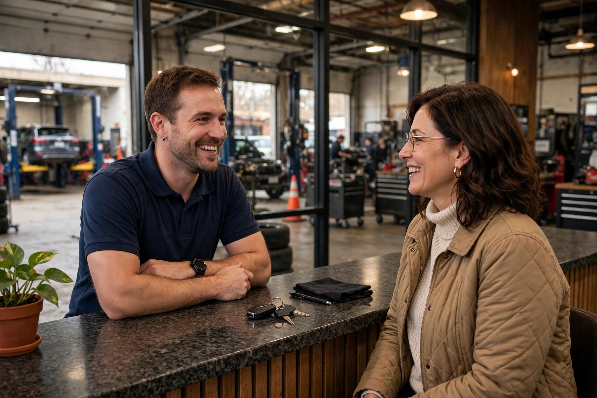 SMS Marketing for Auto Repair Shops Service advisor talking with a customer across the front counter of an auto repair shop