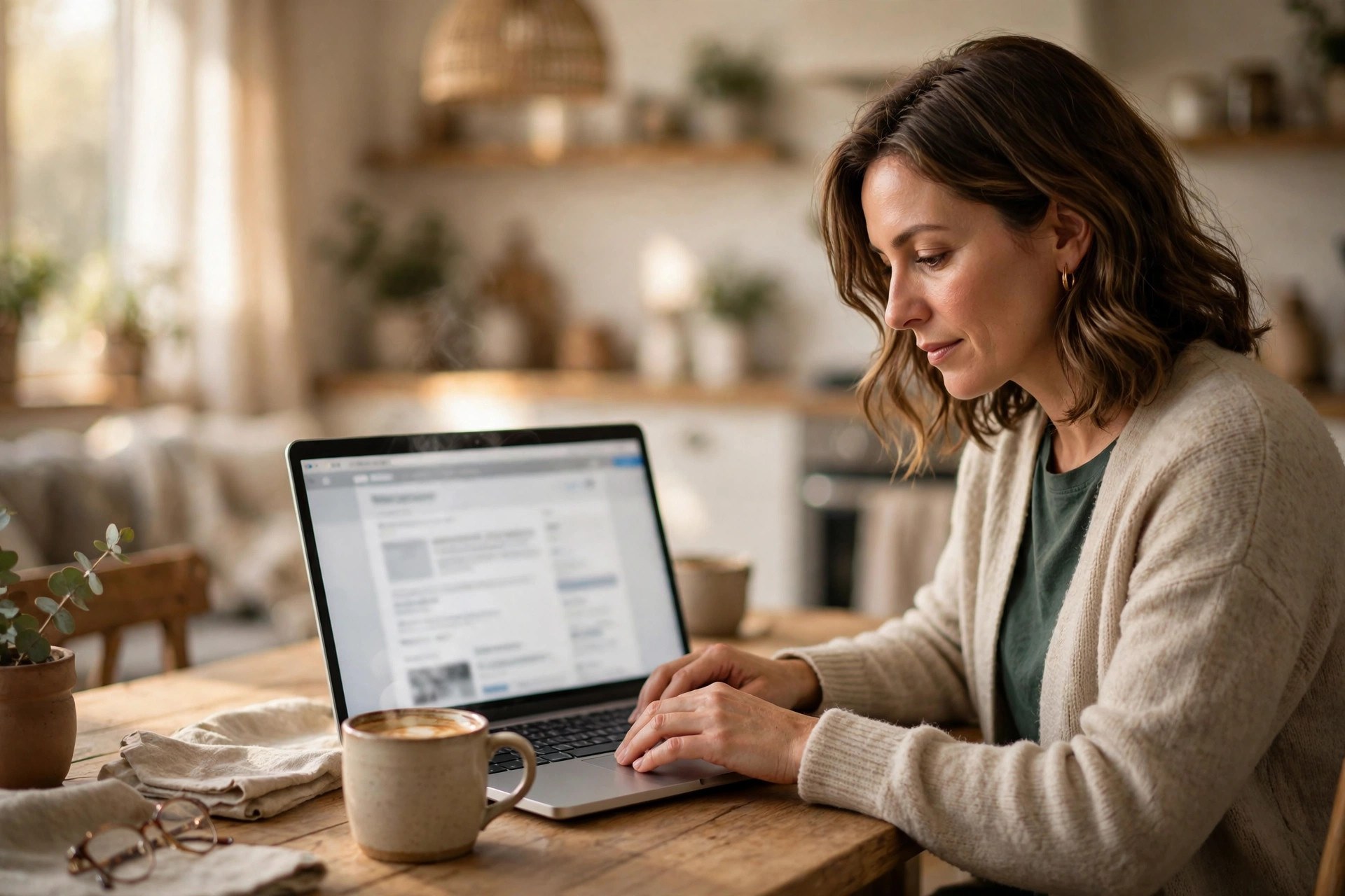 Homeowner opening an email about seasonal HVAC maintenance on a laptop at the kitchen table