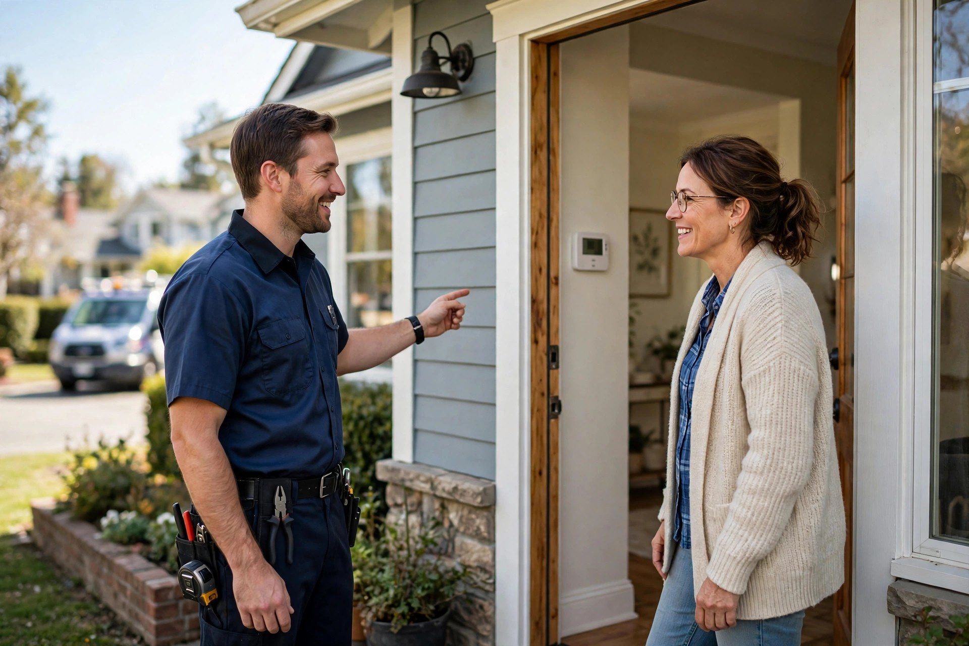 HVAC technician talking with a homeowner at the front door about a maintenance plan