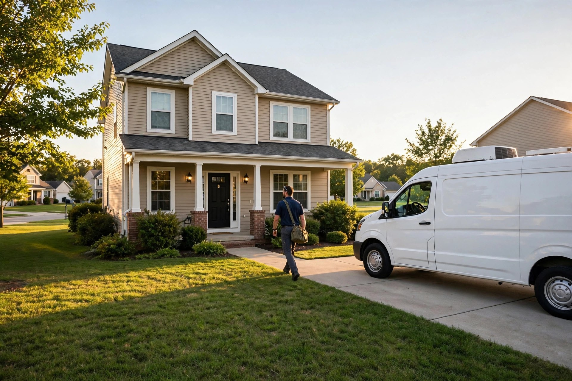 HVAC service van parked in a suburban driveway after a completed service visit