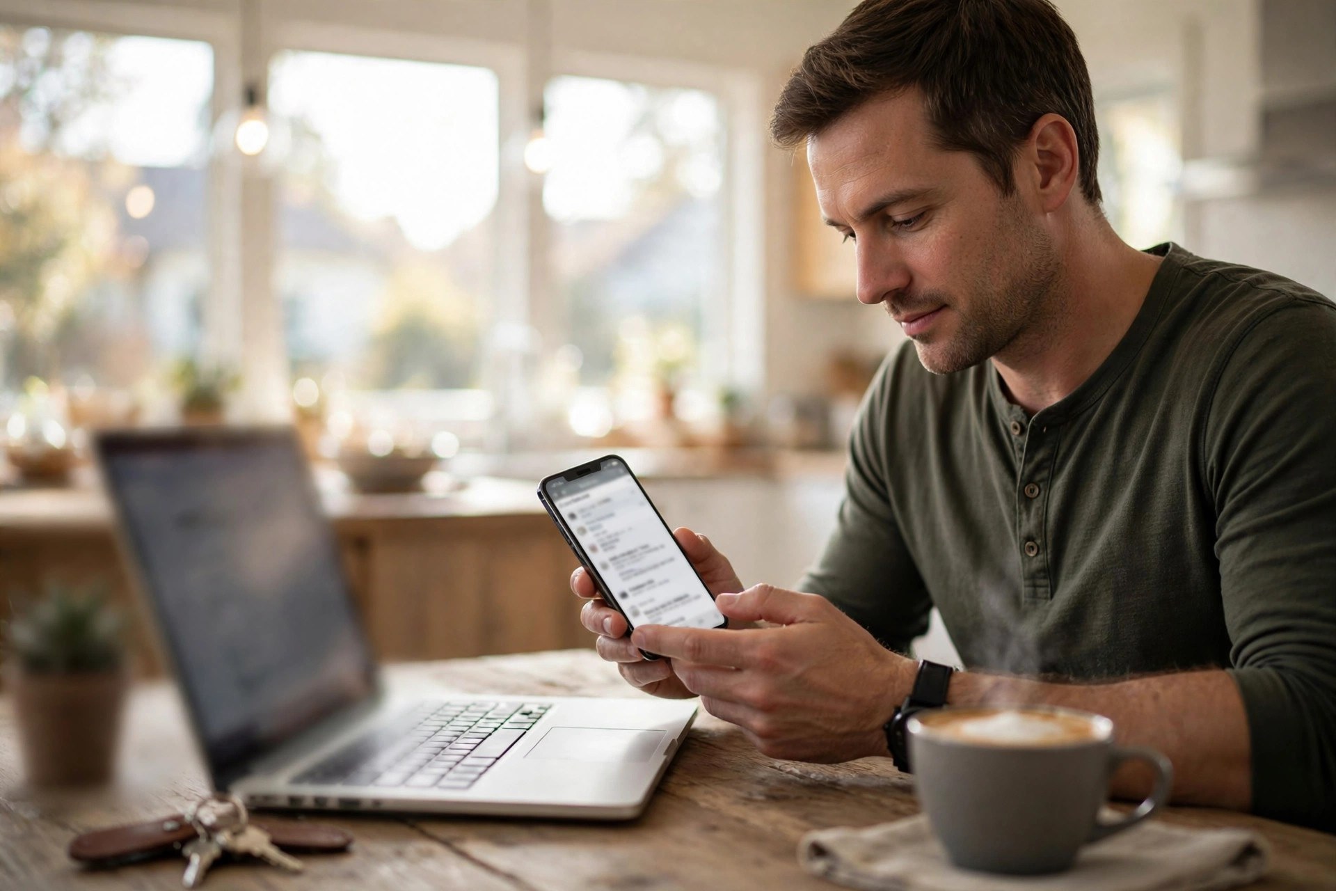 Homeowner reading an email about a free roof inspection on a smartphone at the kitchen table