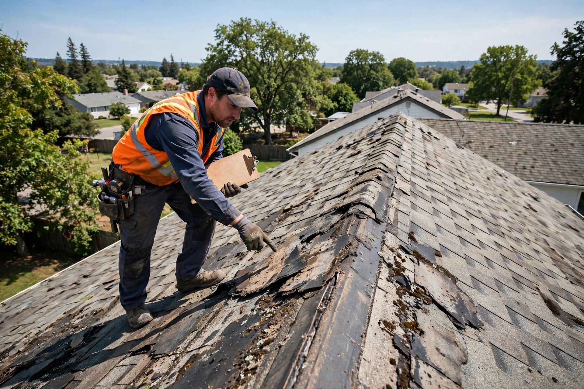 Roofer pointing out worn shingles during a roof inspection