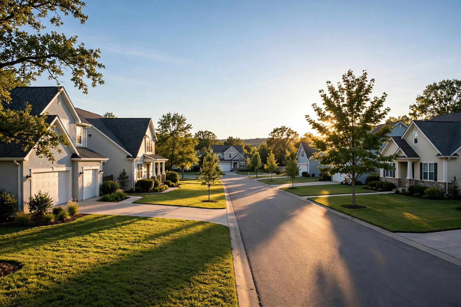 Suburban street with homes showing new roofs under a clear blue sky