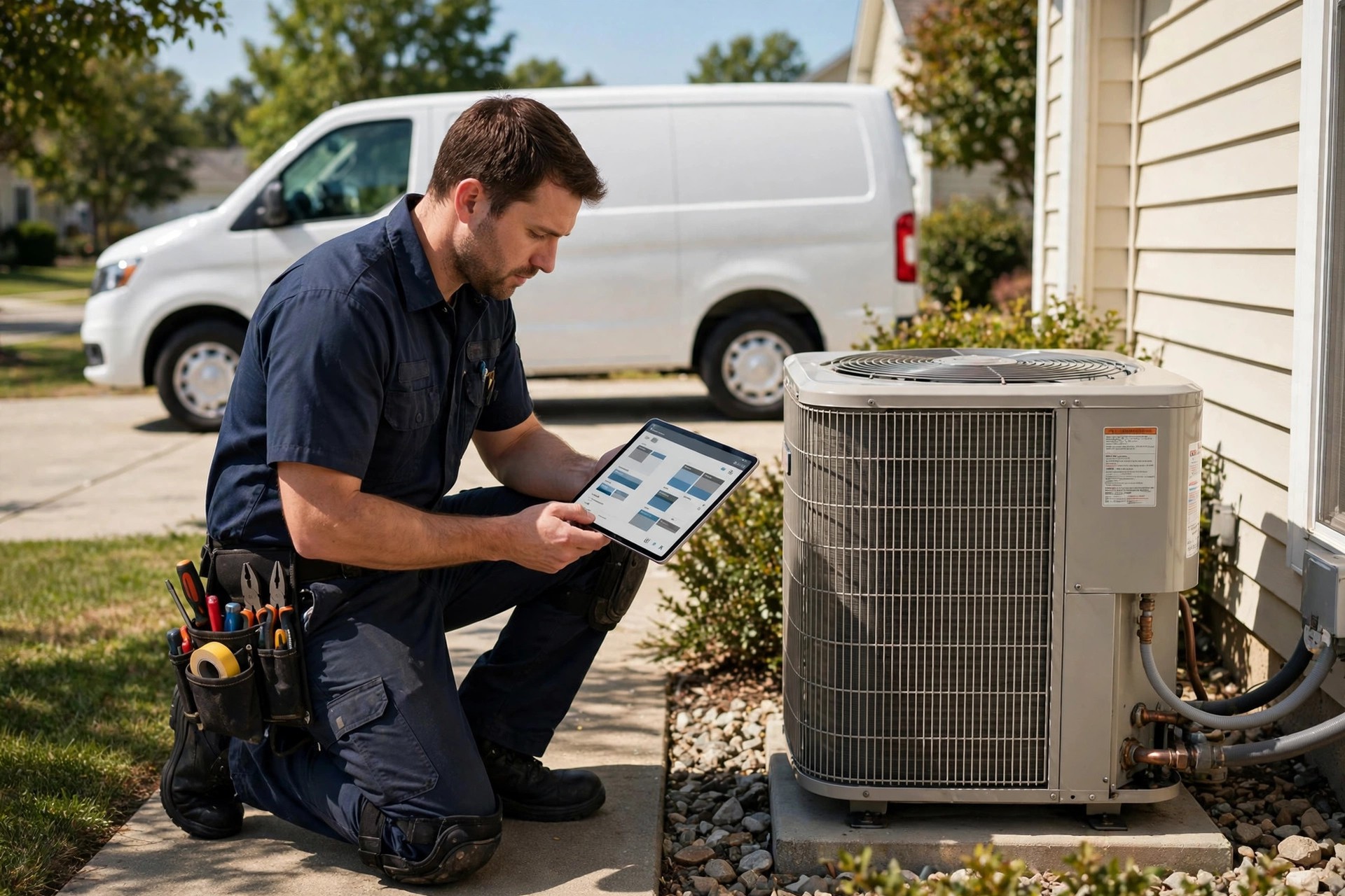 HVAC technician checking a job schedule on a tablet beside a residential air conditioning unit