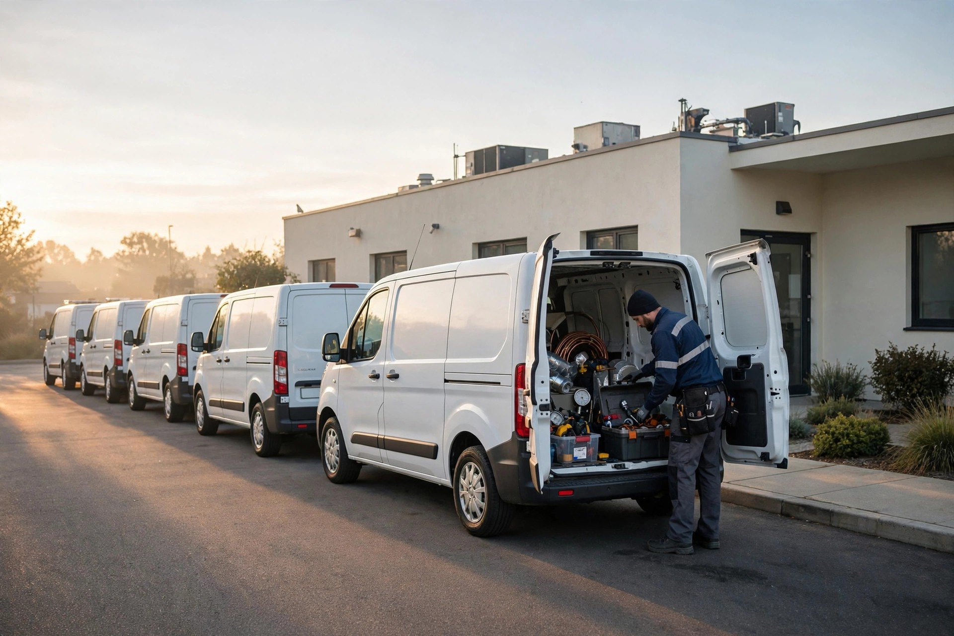Fleet of HVAC service vans ready for the morning dispatch