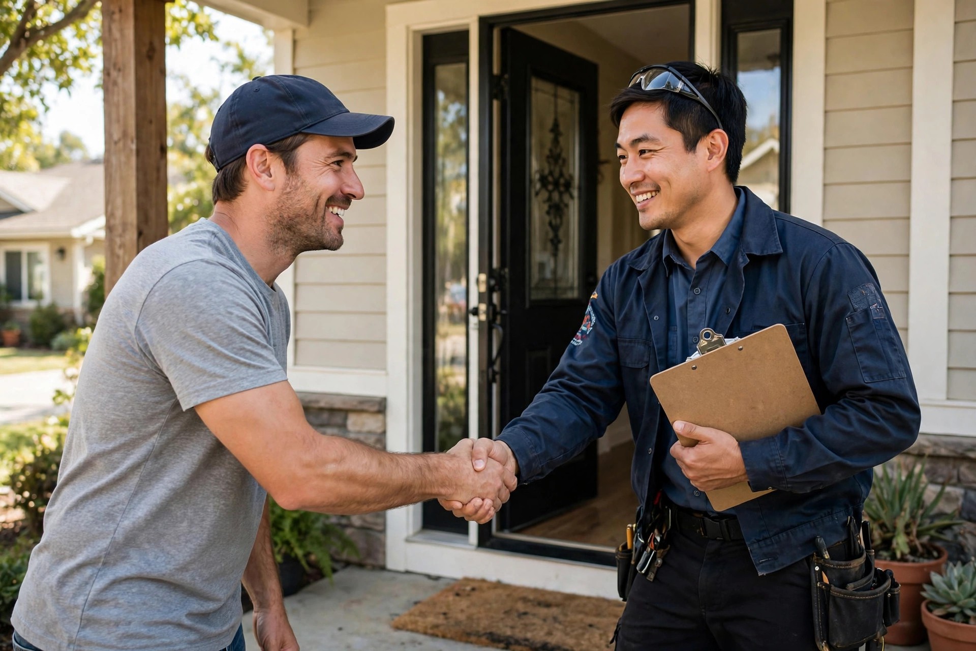 HVAC technician shaking hands with a happy homeowner after a completed service visit