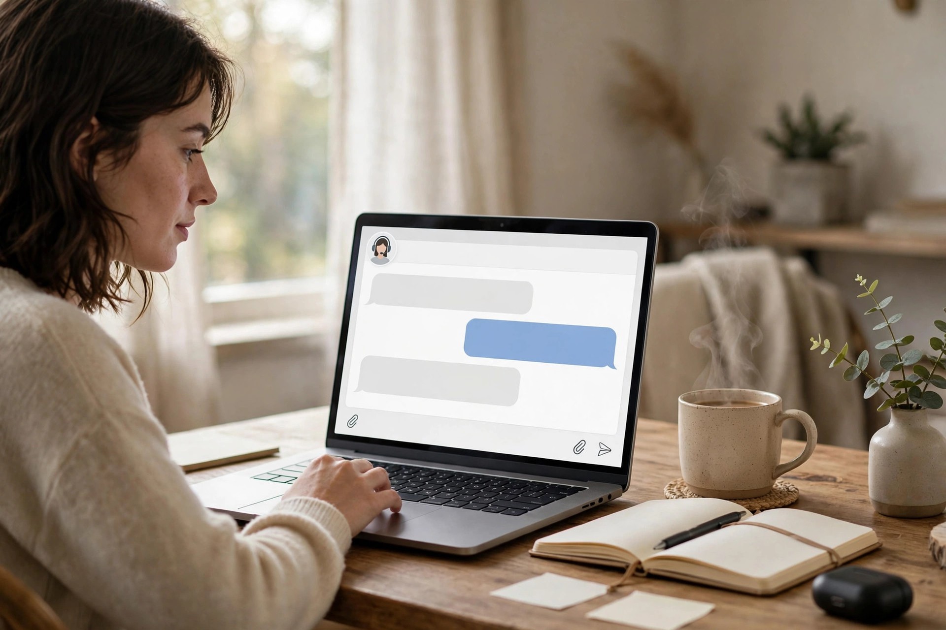 AI Chatbots for Accounting Firms: Client Intake and Appointment Booking Person using a laptop with a customer chat window open at a home office desk