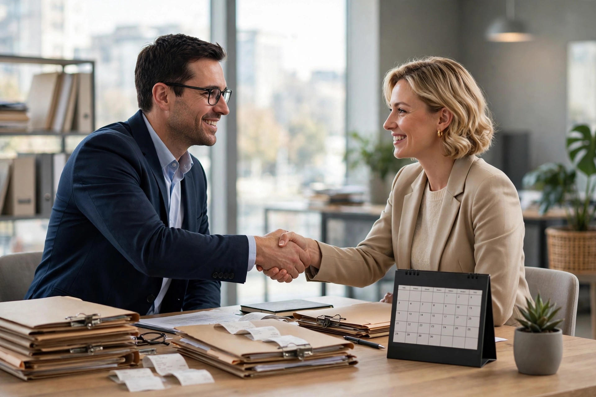 AI Chatbots for Accounting Firms: Client Intake and Appointment Booking Accountant greeting a new client with a handshake in a bright office