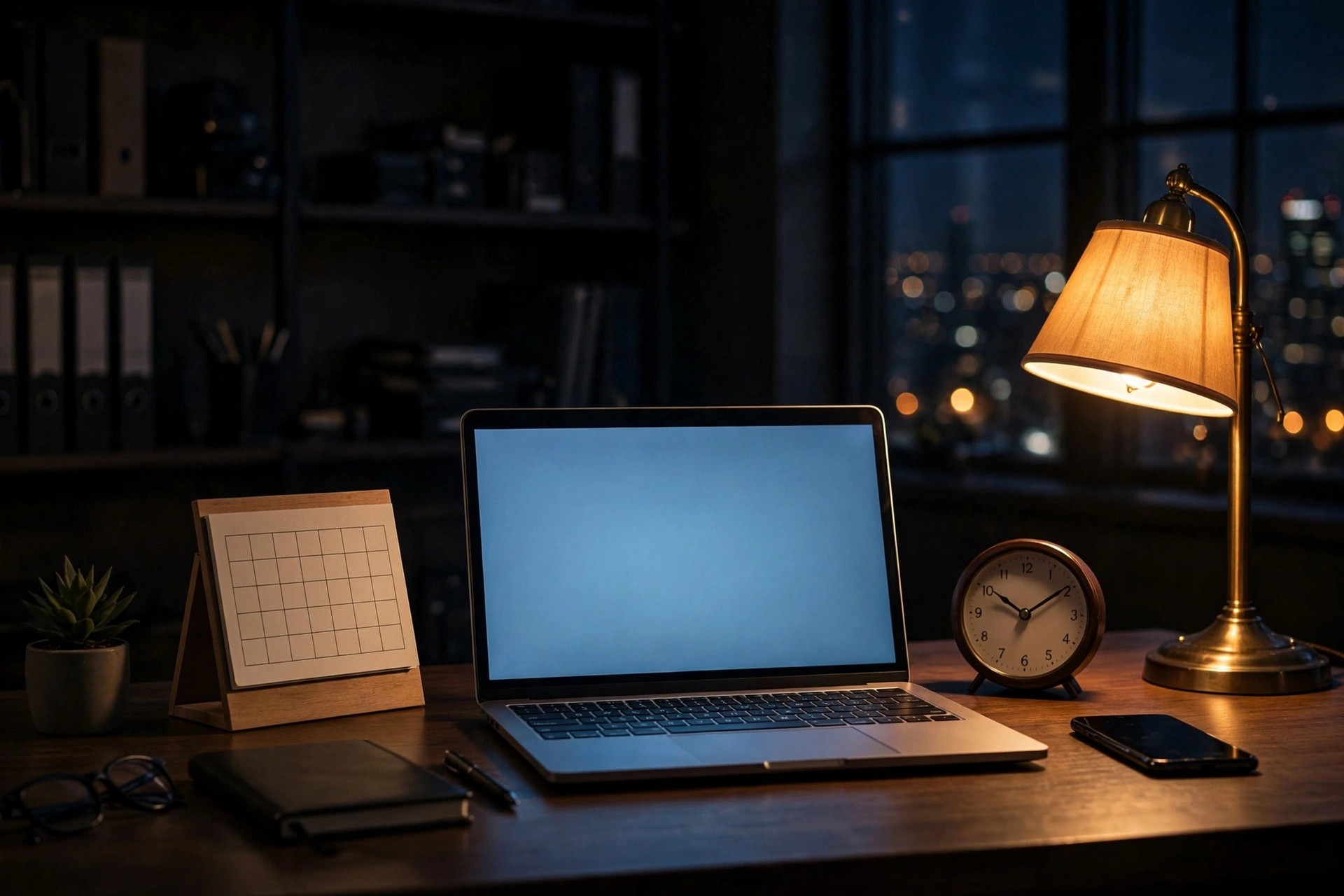 AI Chatbots for Accounting Firms: Client Intake and Appointment Booking Laptop glowing on a desk at night showing after hours availability for clients