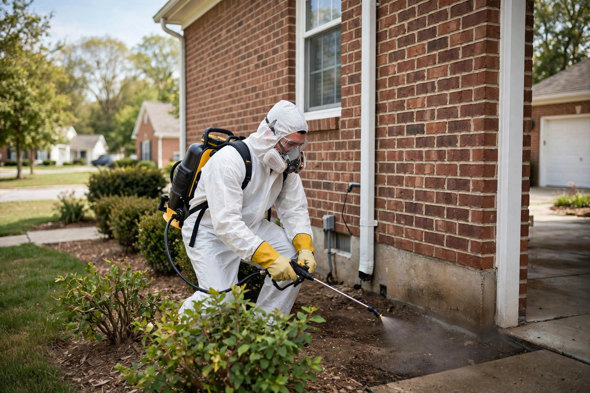 Pest control technician applying perimeter treatment around the foundation of a suburban house