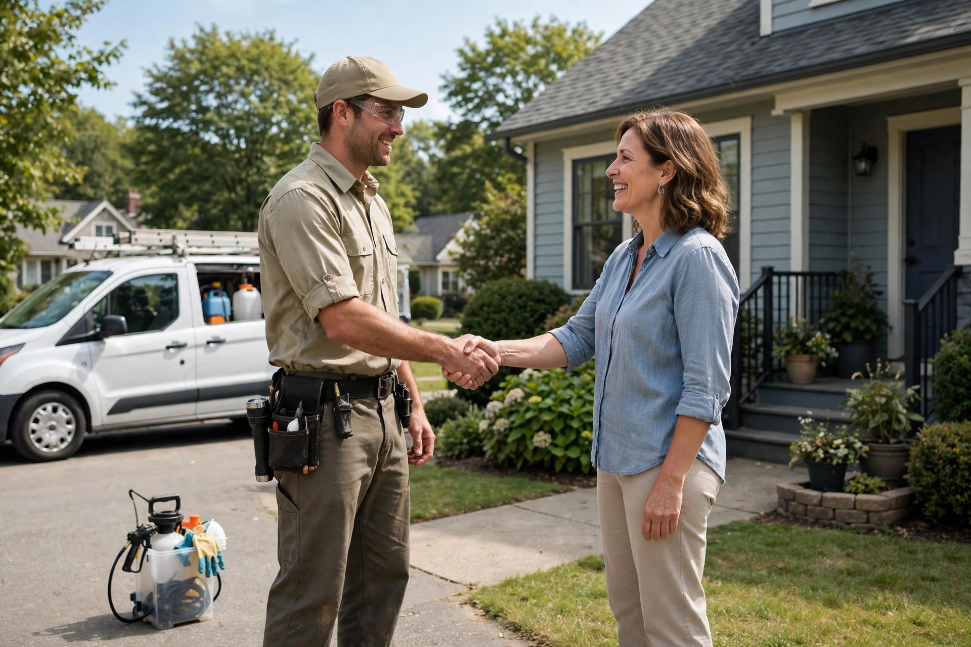 Pest control technician shaking hands with a smiling homeowner after a completed service