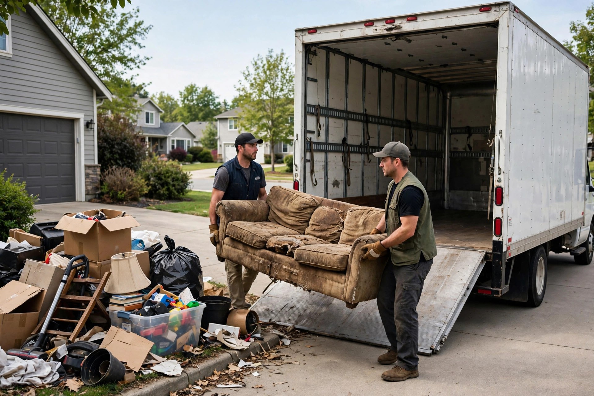 Local SEO for Junk Removal Companies That Fills the Truck Two junk removal workers carrying an old sofa toward an open box truck in a suburban driveway