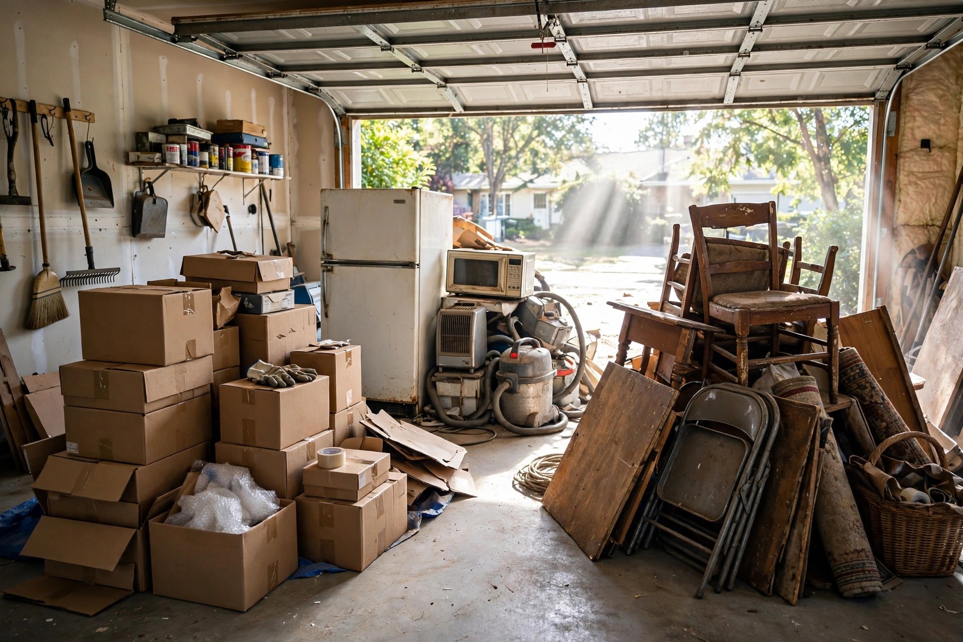 Local SEO for Junk Removal Companies That Fills the Truck Residential garage sorted into neat piles of junk ready for removal