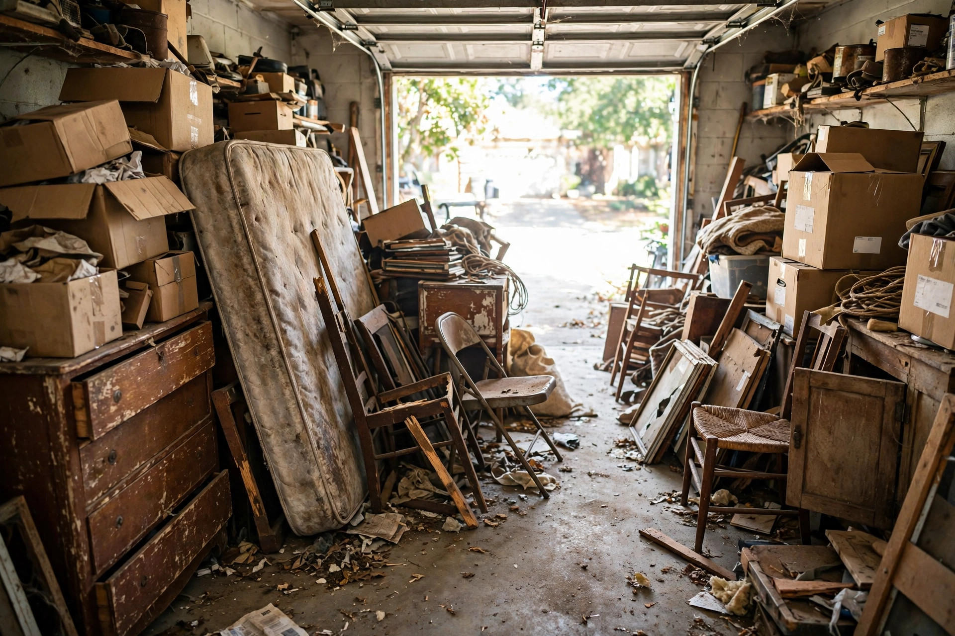 Junk Removal Marketing Ideas That Book More Jobs A cluttered garage packed with old furniture and boxes waiting for a junk removal pickup