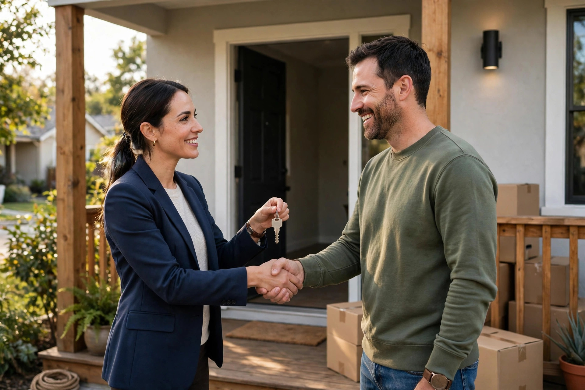 Junk Removal Marketing Ideas That Book More Jobs A real estate agent handing house keys to a smiling homeowner on the front porch of a clean house