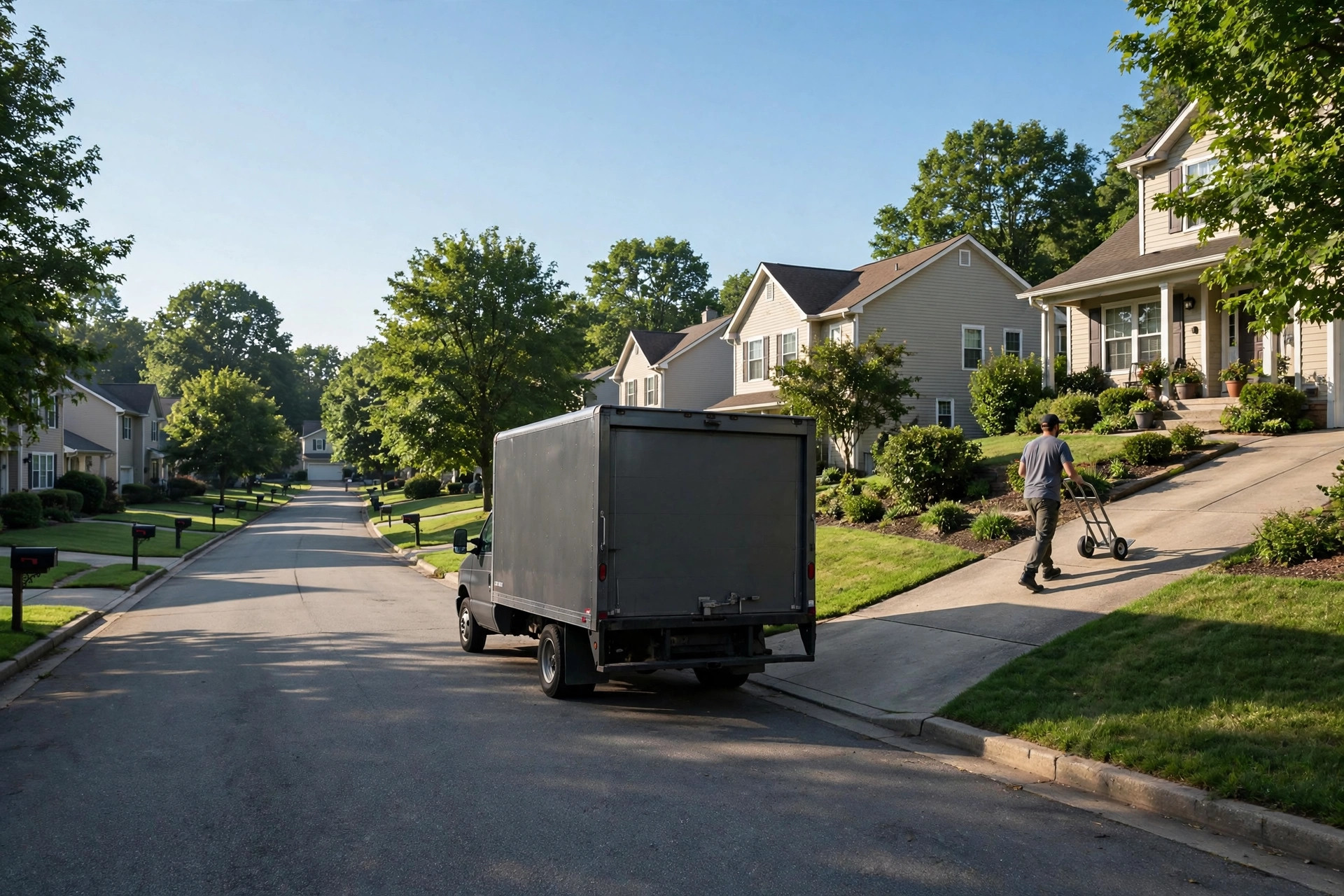Junk Removal Marketing Ideas That Book More Jobs A junk removal box truck parked on a sunny residential street with a worker walking up a driveway