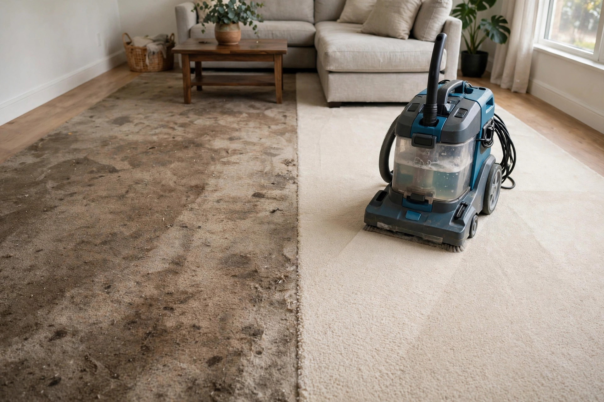 How Much Does a Carpet Cleaning Website Cost? A living room carpet with a dirty half next to a freshly cleaned bright half