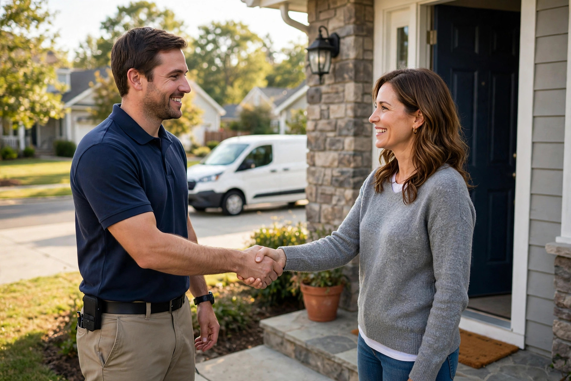How Much Does a Carpet Cleaning Website Cost? A carpet cleaning technician shaking hands with a homeowner at the front door with a service van in the driveway