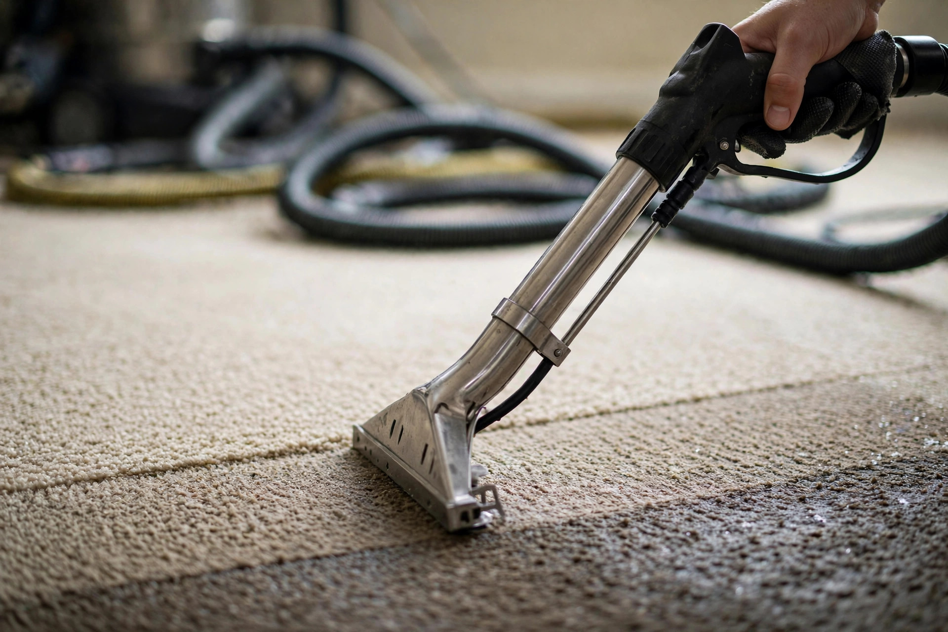 How Much Does a Carpet Cleaning Website Cost? A close-up of a carpet cleaning wand extracting water from a beige carpet