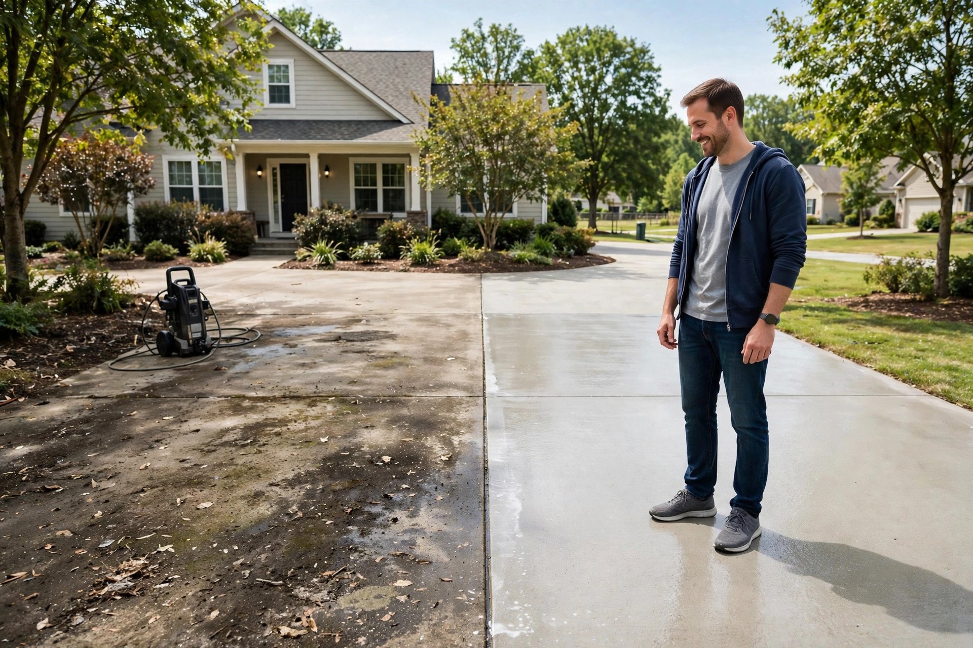 How Pressure Washing Companies Get More Google Reviews Homeowner smiling at a freshly cleaned driveway with a clear clean and dirty contrast