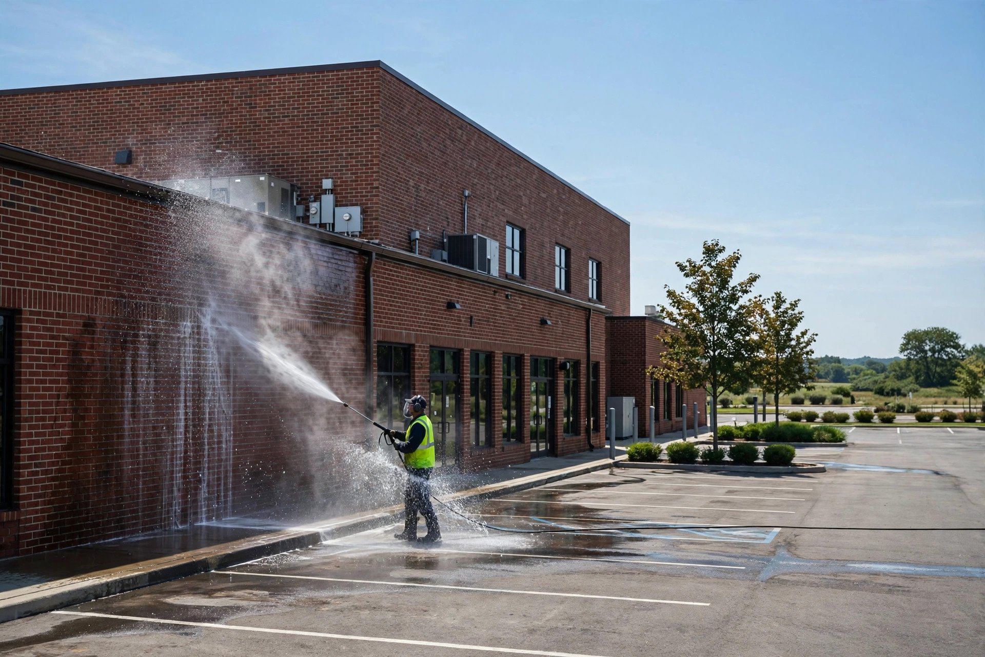 How Pressure Washing Companies Get More Google Reviews Pressure washing crew member cleaning the side of a commercial building with a long wand