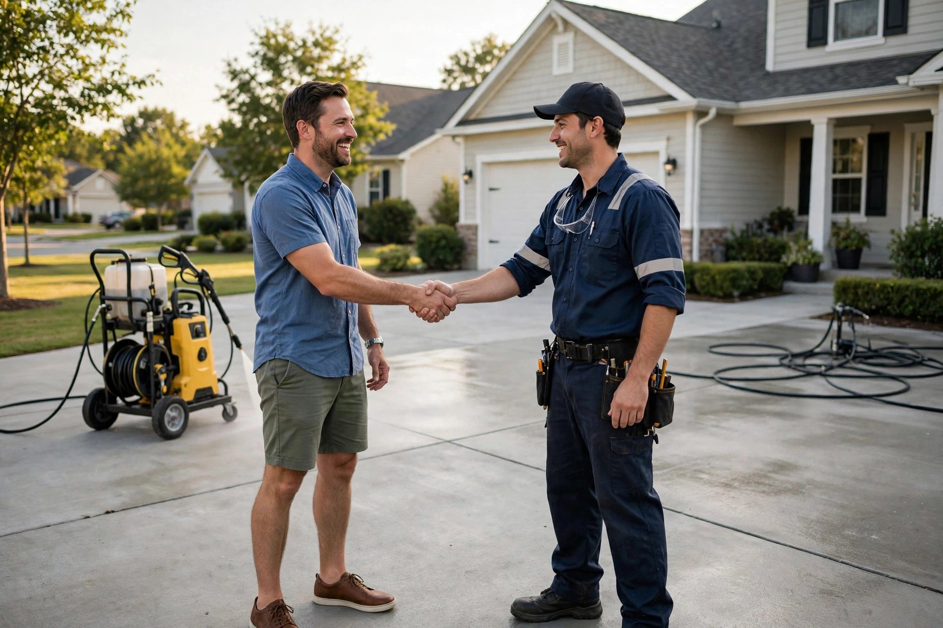 How Pressure Washing Companies Get More Google Reviews Satisfied customer shaking hands with a pressure washing technician in a clean driveway