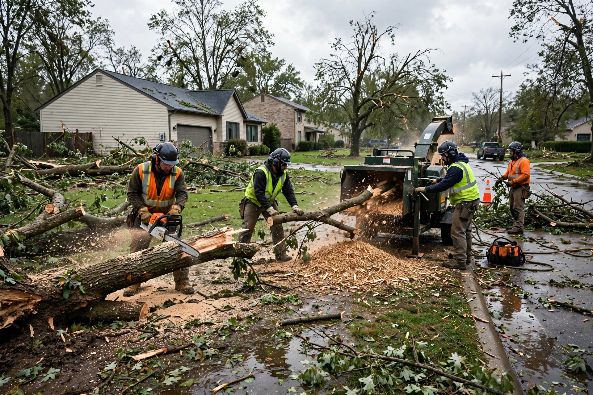 Tree service crew removing a large fallen tree branch after a storm