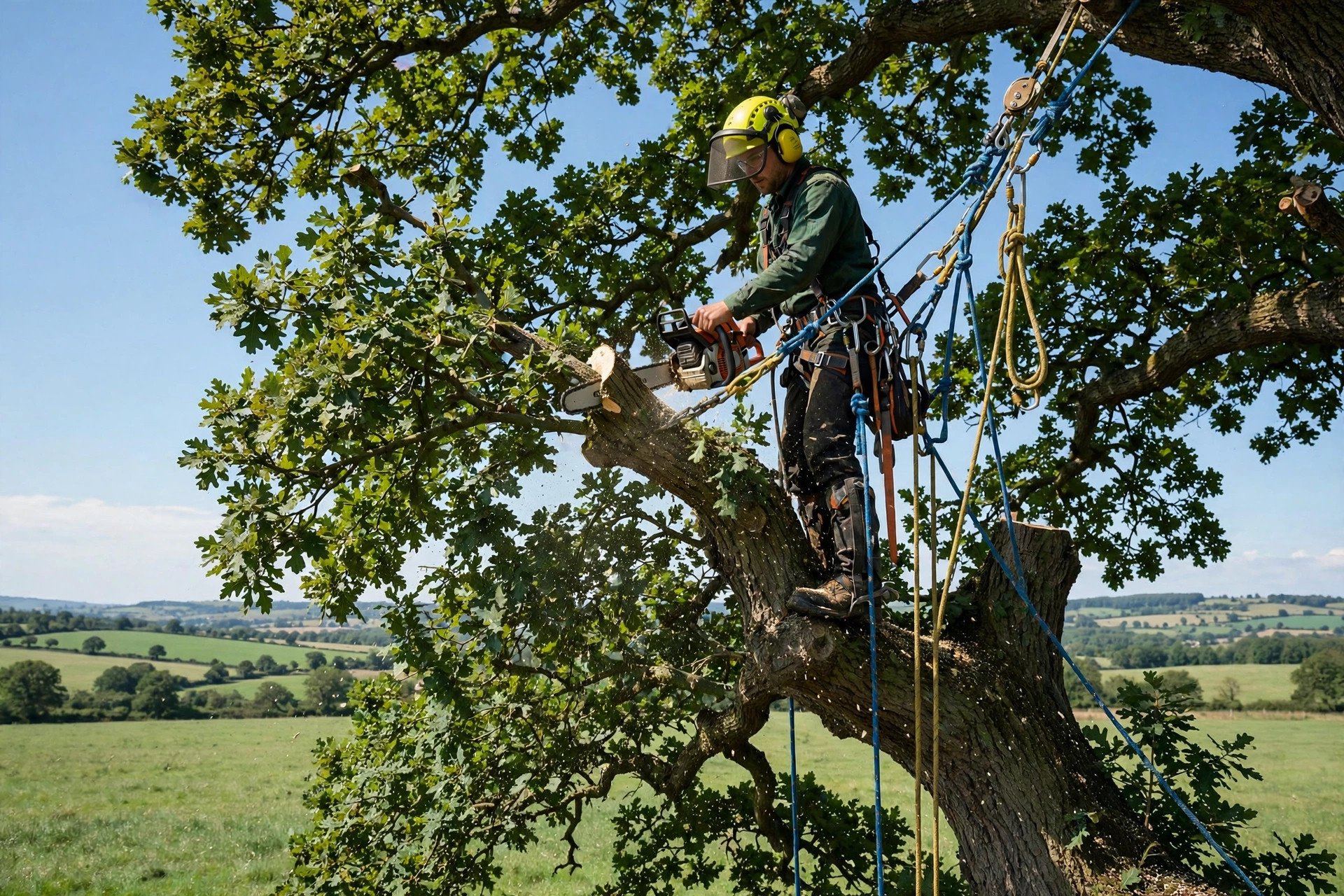 Tree service arborist trimming branches high in a large oak tree with safety gear