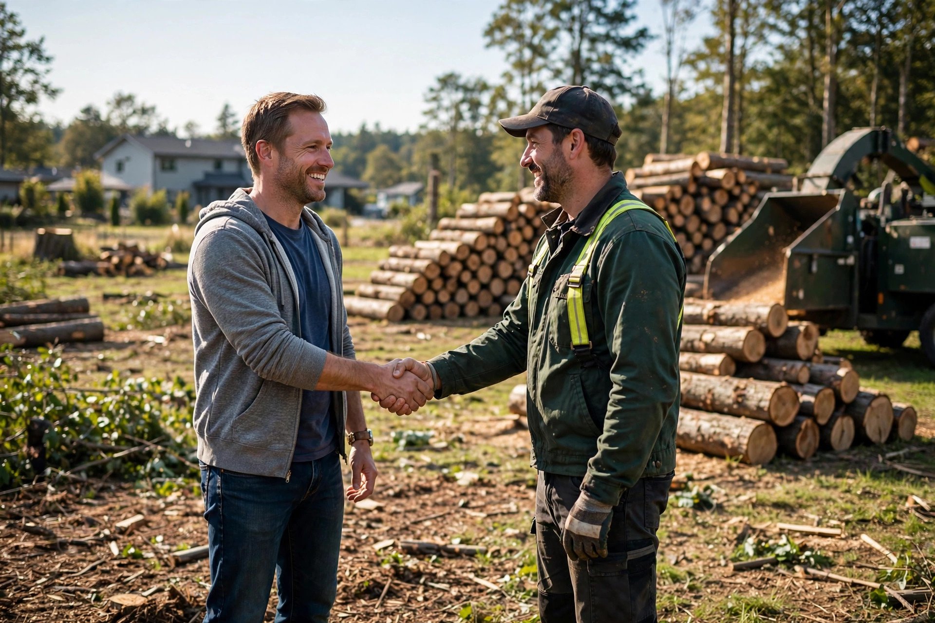 Happy homeowner shaking hands with a tree service crew lead in a clean yard