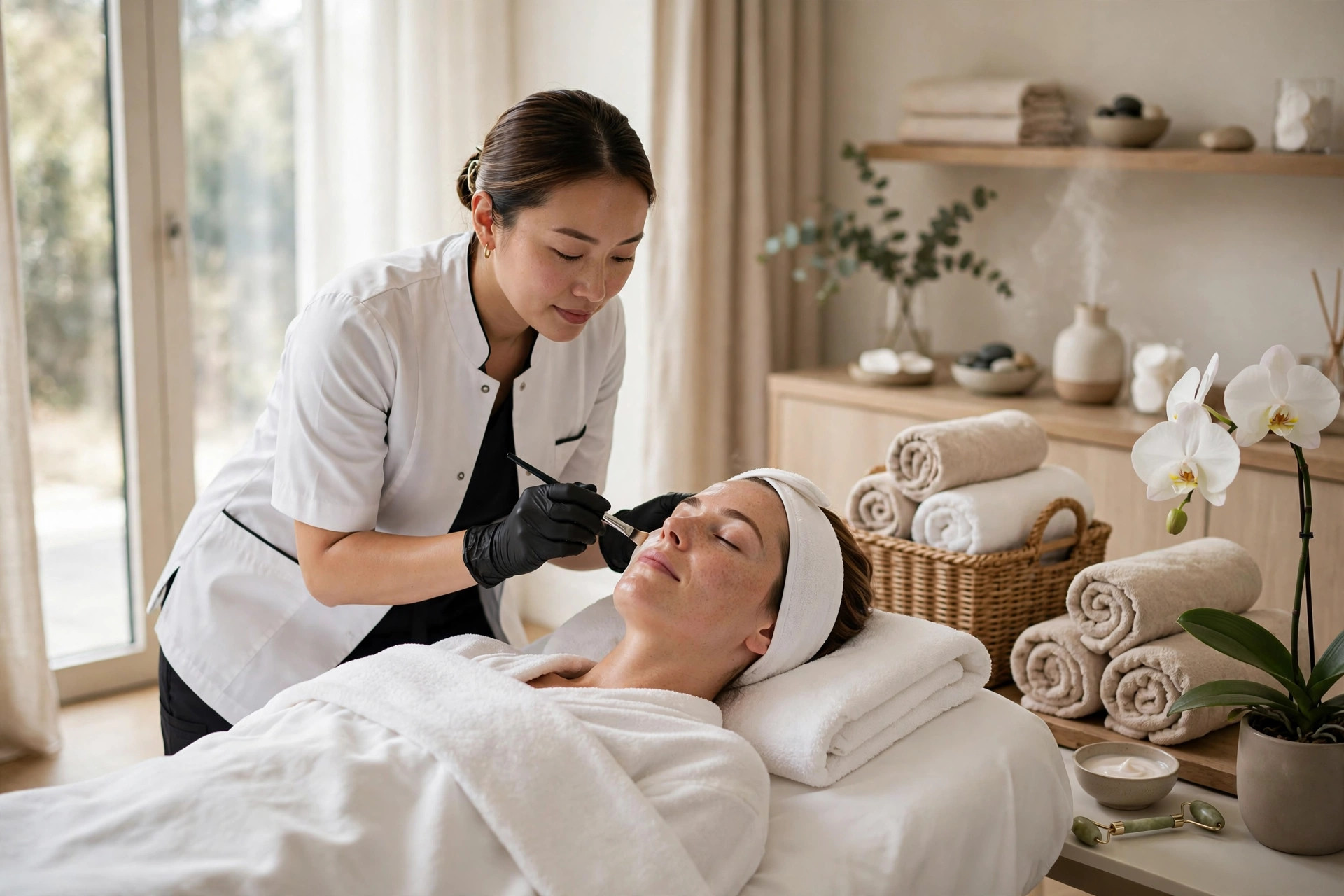 Esthetician performing a relaxing facial treatment on a client in a bright med spa