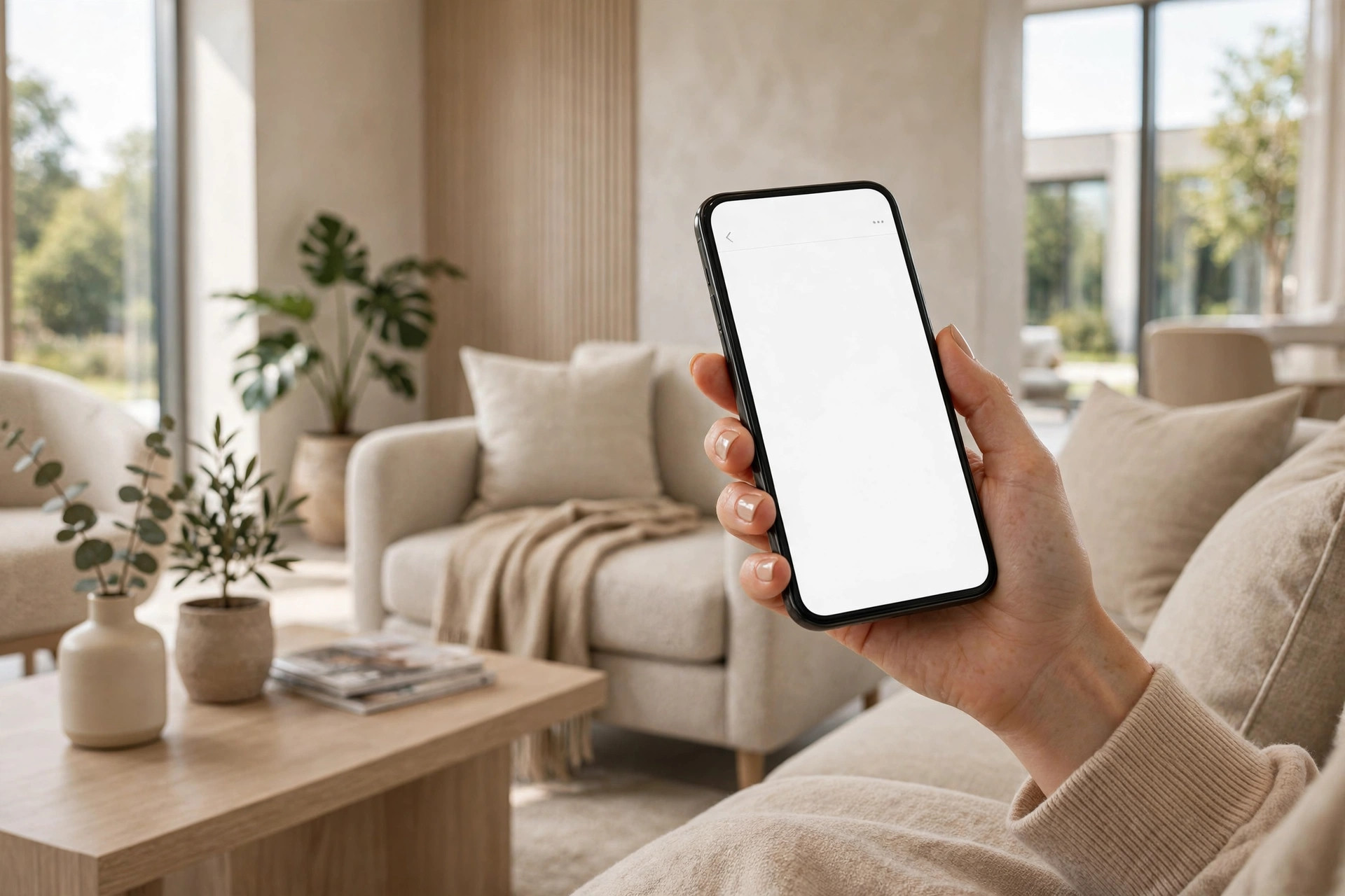 Woman holding a smartphone reading a message in a bright med spa waiting lounge