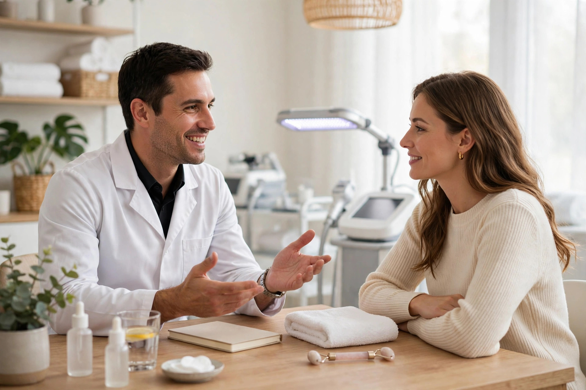 Med spa professional discussing a skincare plan with a client in a bright treatment room