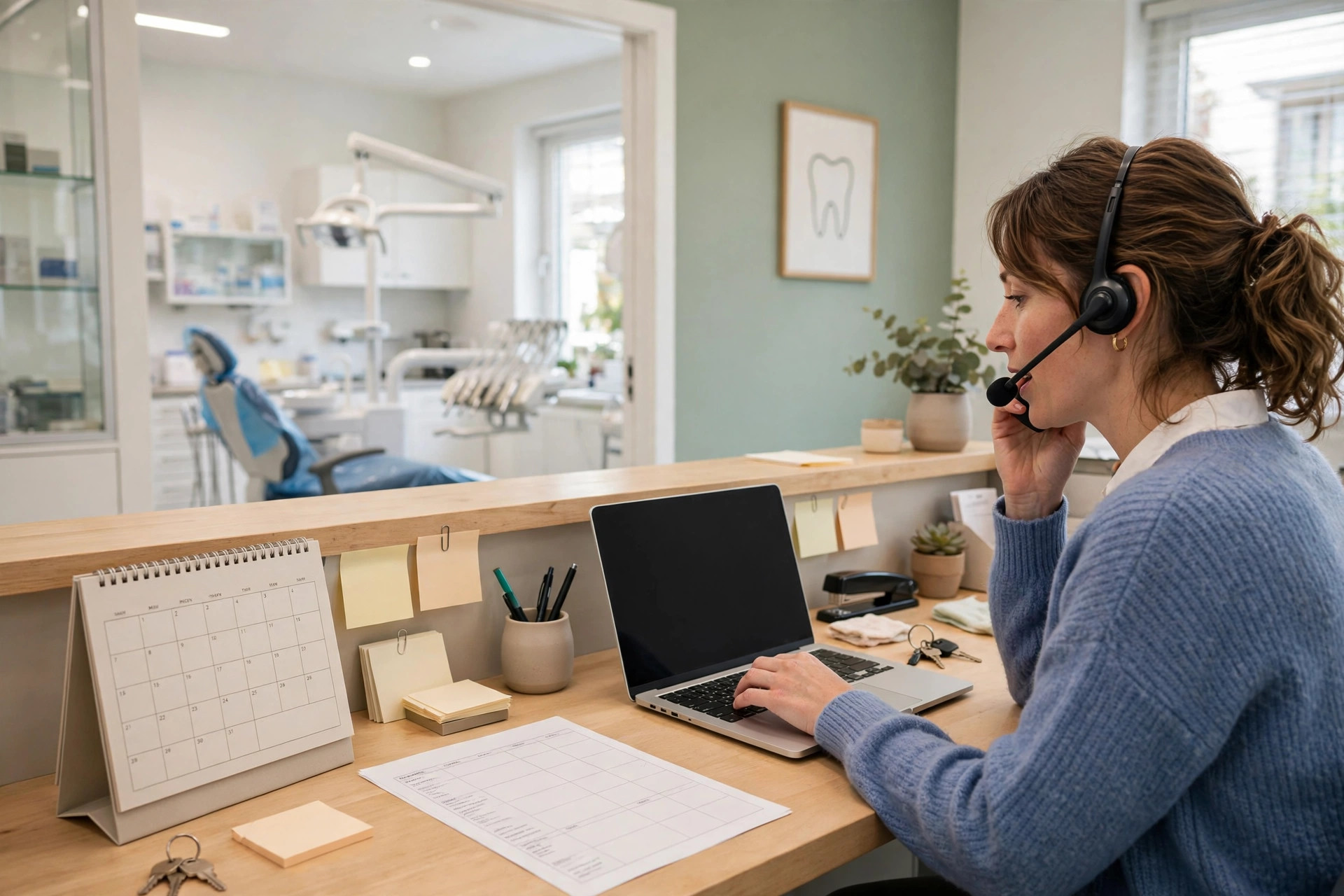 Lead Follow-Up Automation for Dental Offices Dental receptionist making a follow up call at the front desk of a bright dental clinic