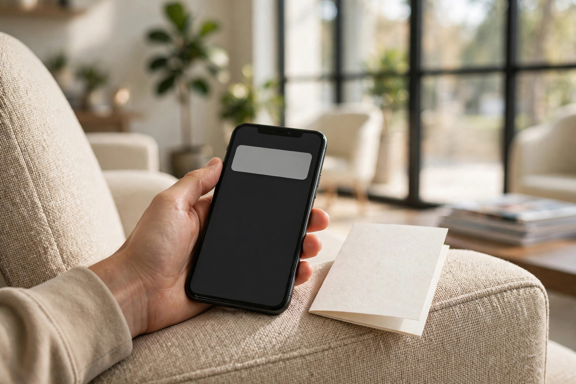 Lead Follow-Up Automation for Dental Offices Hand holding a smartphone with a dental appointment reminder message in a bright clinic waiting room