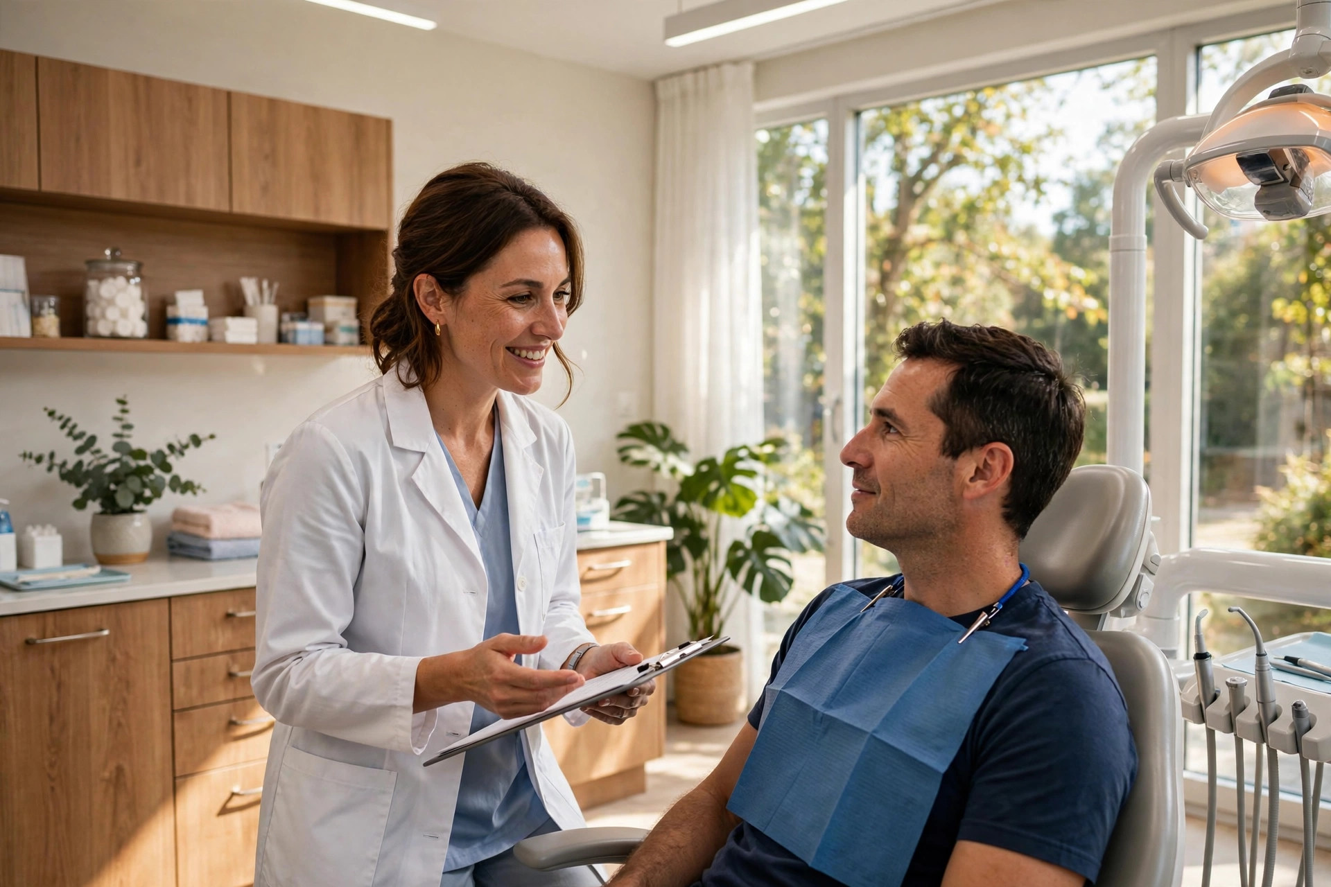 Lead Follow-Up Automation for Dental Offices Dentist discussing a treatment plan with a patient in a bright modern dental operatory
